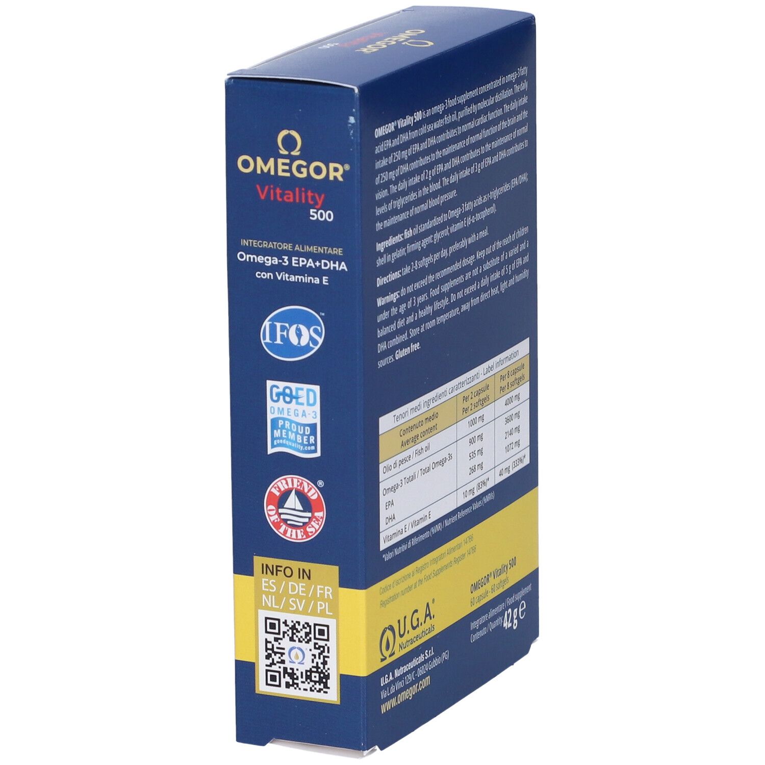 Vue latérale de la boîte OMEGOR Vitality 500. Informations et logos. U.G.A. Nutraceuticals. IFOs, GOED, Friend of the Sea.