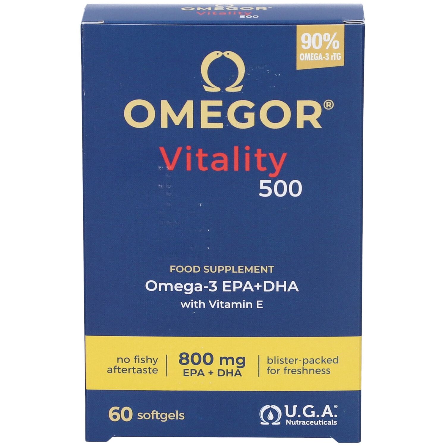 Boîte OMEGOR Vitality 500. Inscription : Omega-3 EPA+DHA avec vitamine E. 60 gélules. Marque U.G.A. Nutraceuticals. Emballage bleu.