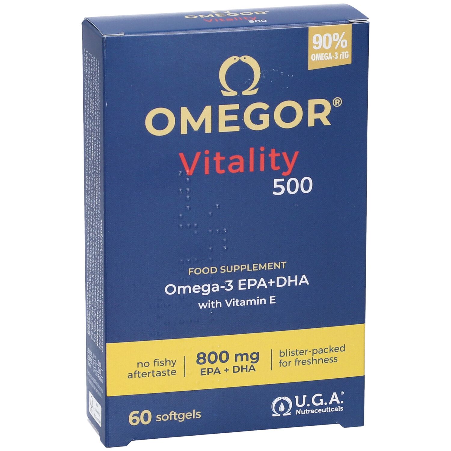Boîte OMEGOR Vitality 500. Inscription : Omega-3 EPA+DHA avec vitamine E. 60 gélules. Marque U.G.A. Nutraceuticals. Emballage bleu.