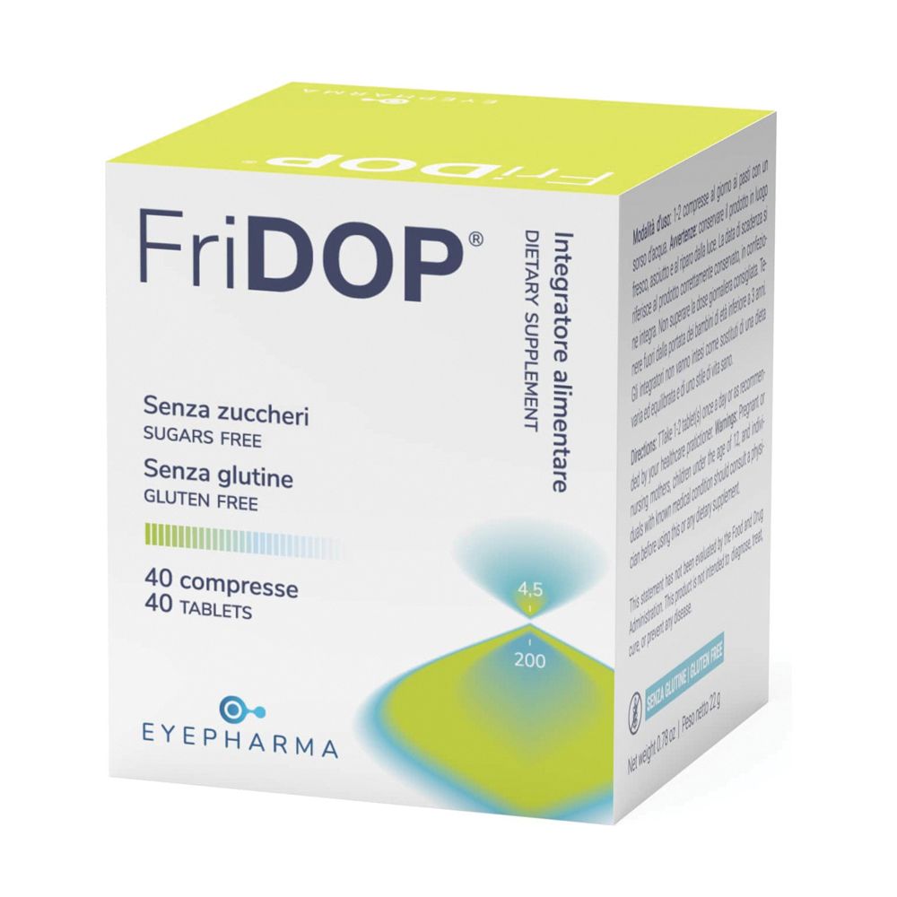 Boîte de Fridop®. Vert et blanc. Contient 40 comprimés. Inscription : Sans sucres, sans gluten. Marque : EYEPHARMA.