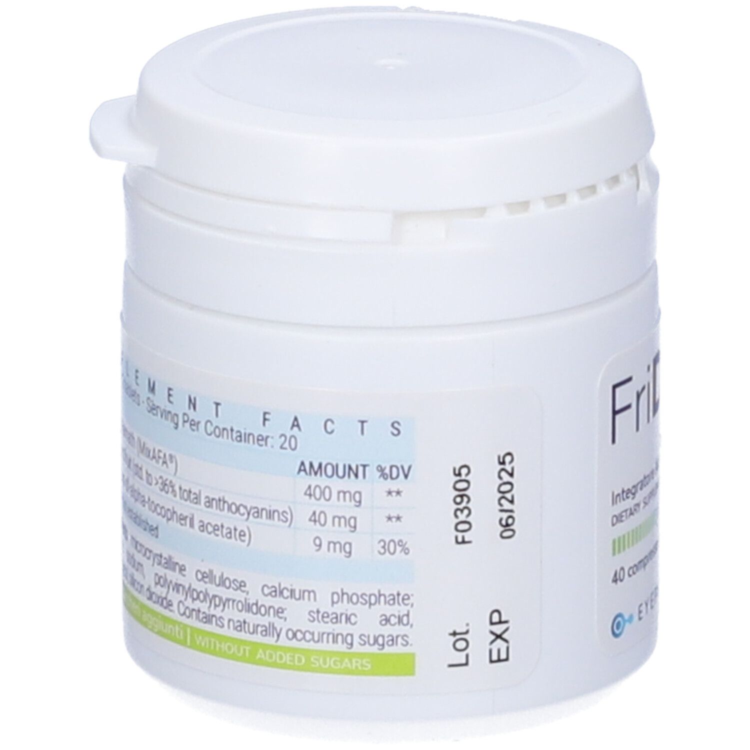 Boîte blanche avec inscription Fridop®. Dos avec informations sur les ingrédients. Contient 40 comprimés. Inscription : Complément alimentaire. Marque : EYEPHARMA.