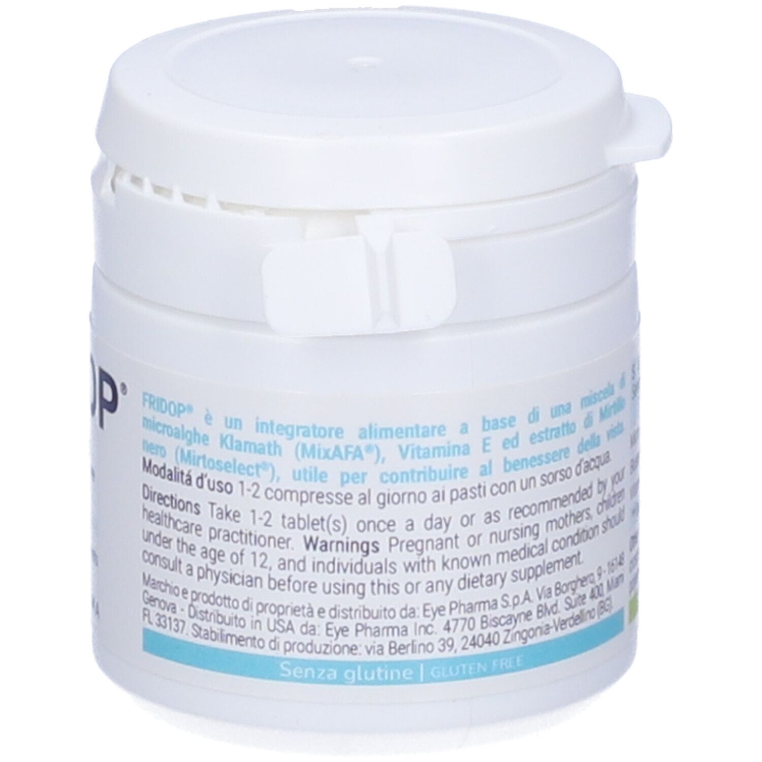 Boîte blanche avec inscription Fridop®. Dos avec informations sur les ingrédients. Contient 40 comprimés. Inscription : Complément alimentaire. Marque : EYEPHARMA.
