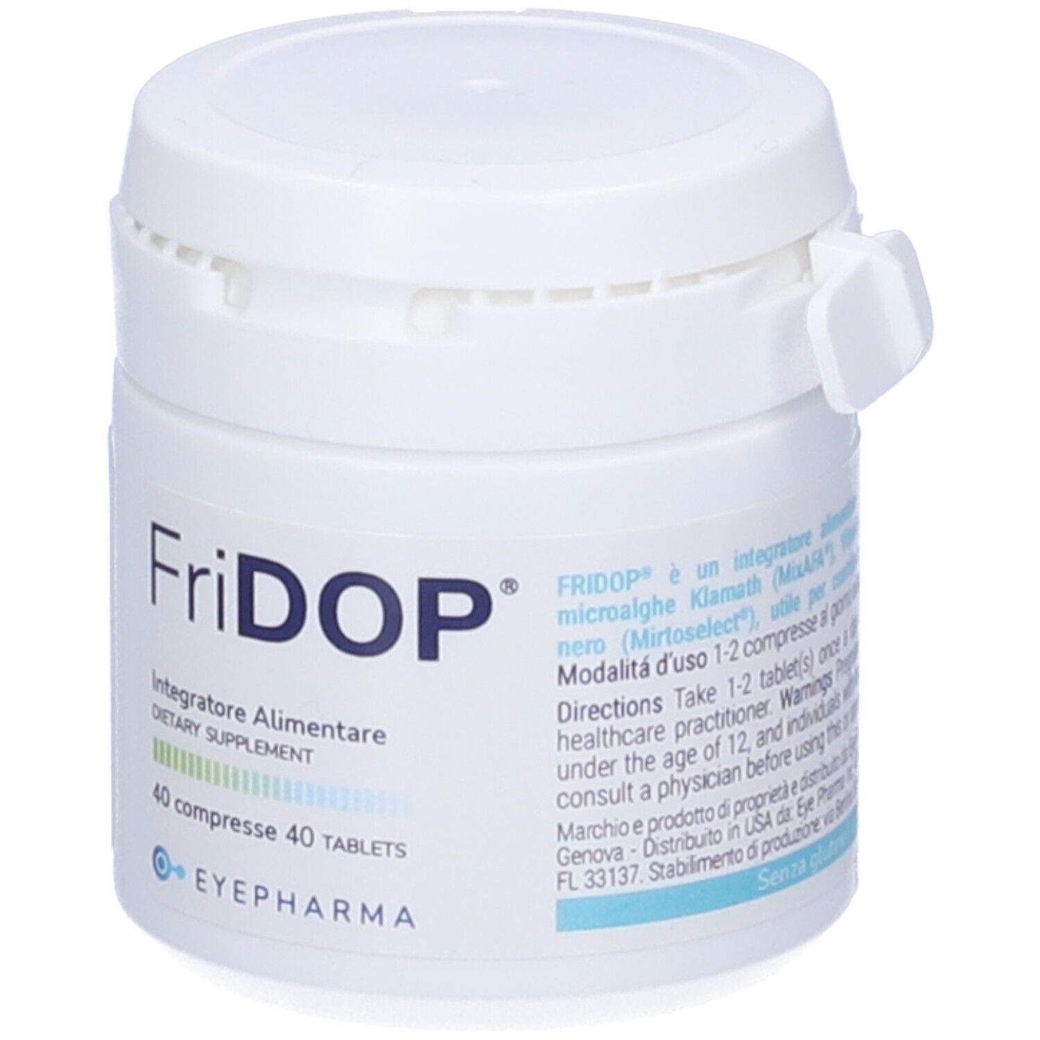 Boîte blanche avec inscription Fridop®. Contient 40 comprimés. Inscription : Complément alimentaire. Marque : EYEPHARMA. Avec bouchon à vis.