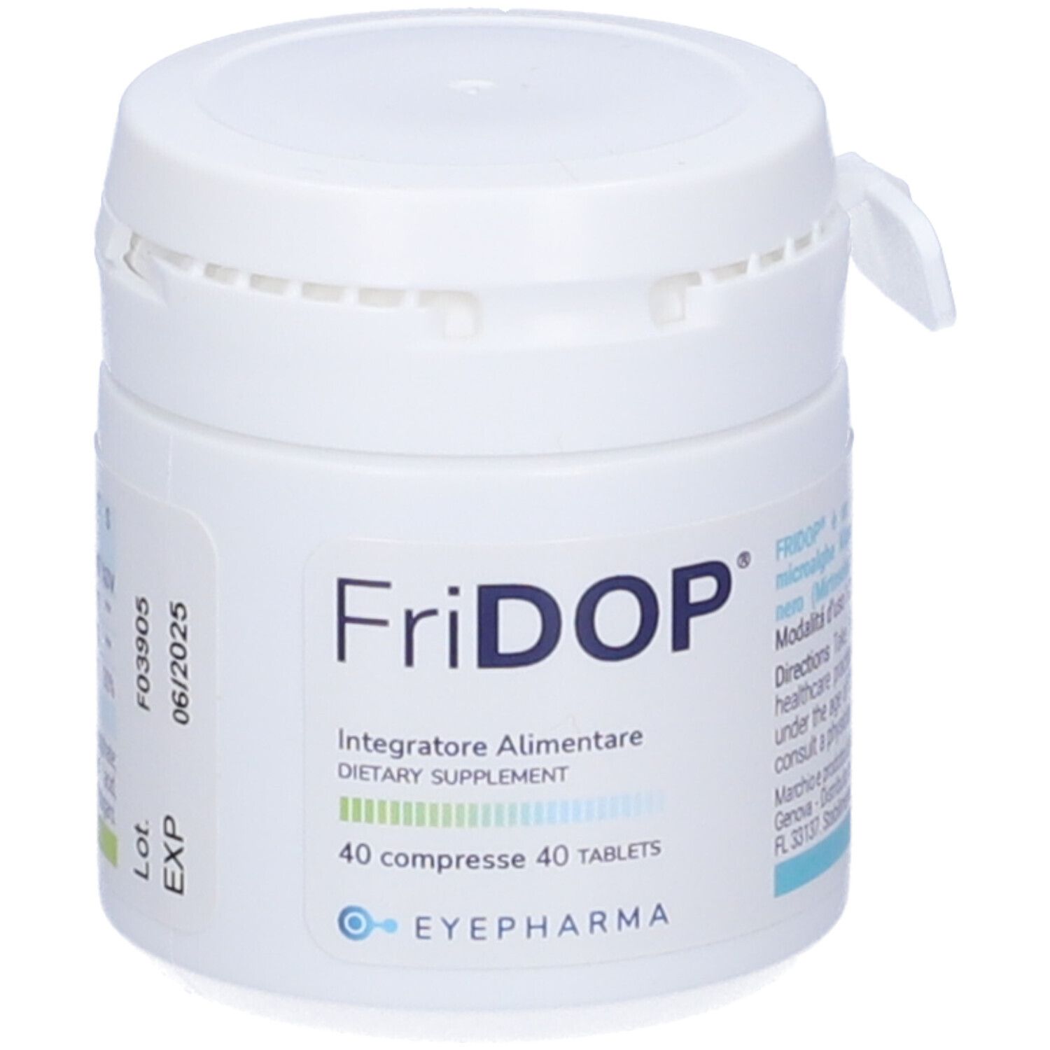Boîte blanche avec inscription Fridop®. Contient 40 comprimés. Inscription : Complément alimentaire. Marque : EYEPHARMA. Avec bouchon à vis.