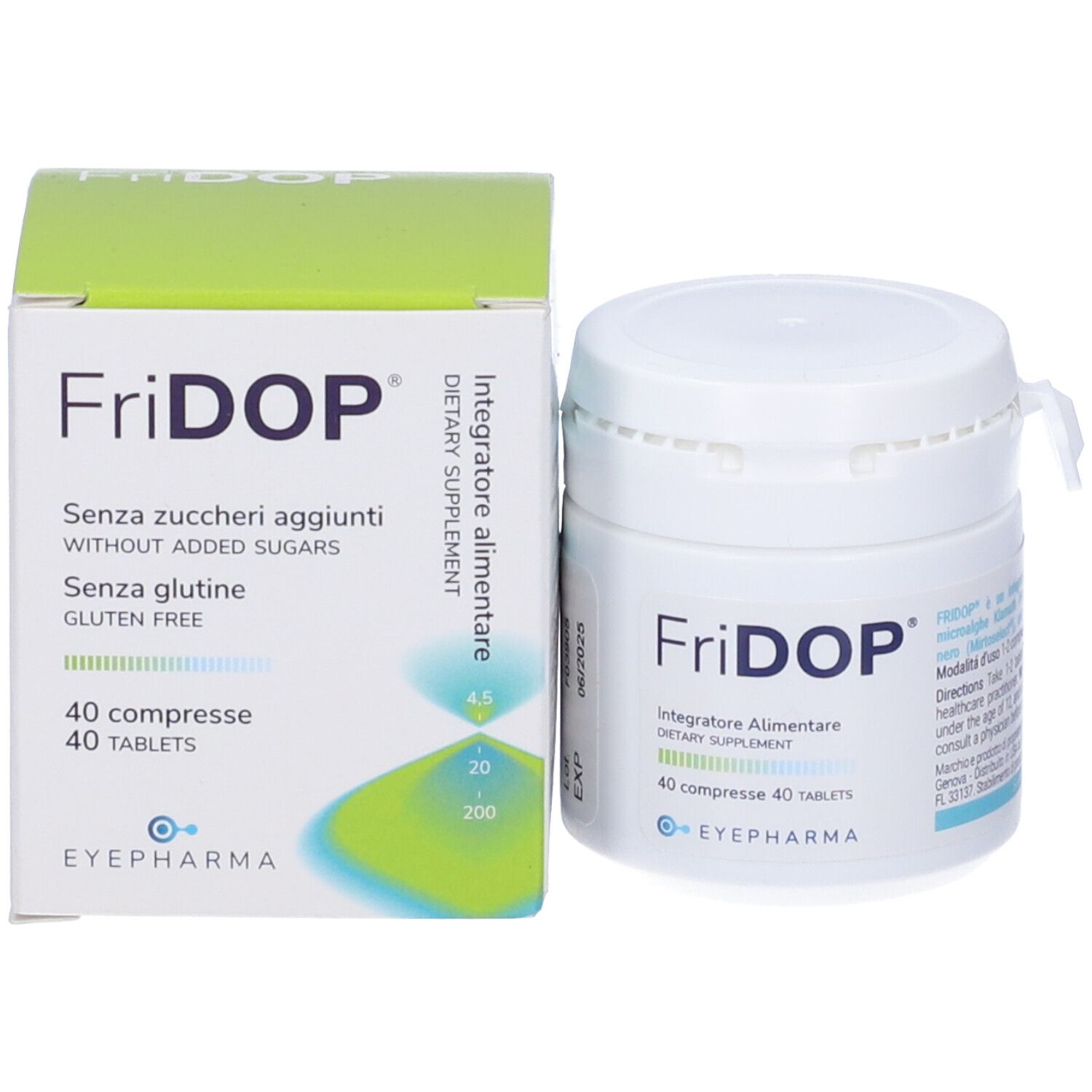 Boîte et pot Fridop®. Pot blanc, boîte verte et blanche. Contient 40 comprimés. Inscription : Sans sucres, sans gluten. Marque : EYEPHARMA.