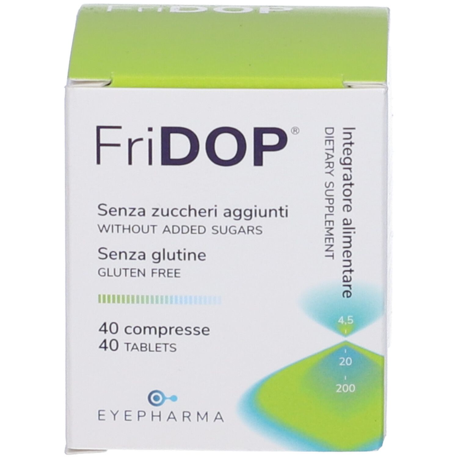 Boîte de Fridop®. Vert et blanc. Contient 40 comprimés. Inscription : Sans sucres, sans gluten. Marque : EYEPHARMA.
