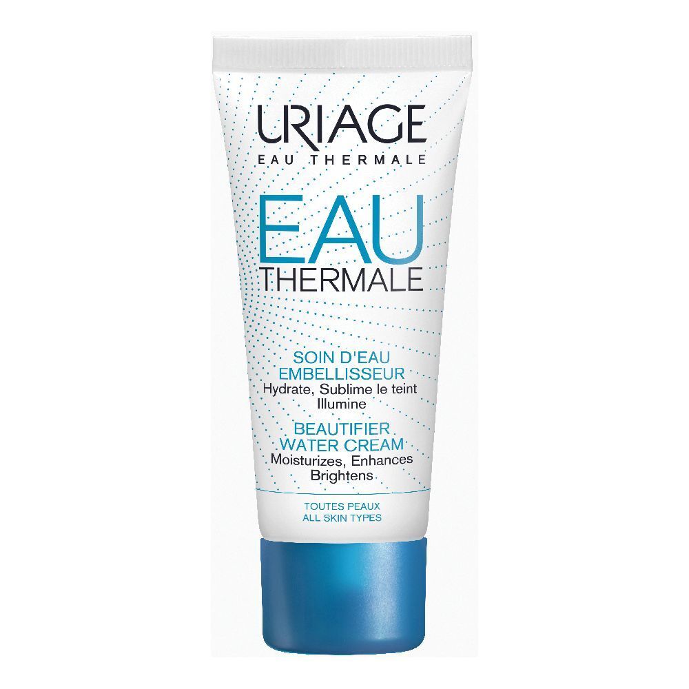 Creme-Tube mit blauem Verschluss. Aufschrift: URIAGE, Eau Thermale, Eau, Soin d'Eau Embellisseur, Beautifier Water Cream.