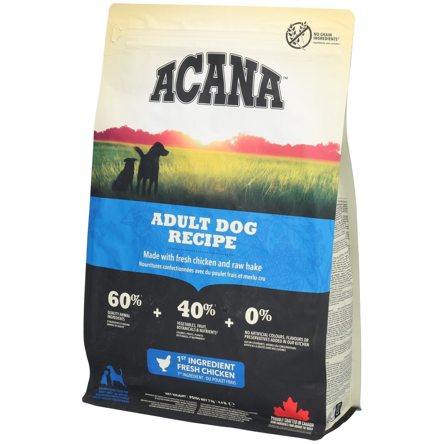 ACANA DOG ADULT 2KG. Hundefutterbeutel mit Logo, Text und Abbildungen. Enthält 60% tierische Inhaltsstoffe, 40% Gemüse und 0% künstliche Zusätze.