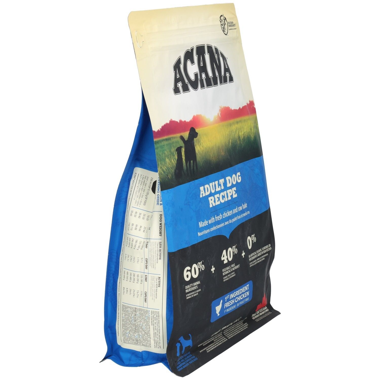 ACANA DOG ADULT 2KG Hundefutterbeutel, seitliche Ansicht. Logo, Text und Abbildungen. Enthält 60% tierische Inhaltsstoffe, 40% Gemüse und 0% künstliche Zusätze.