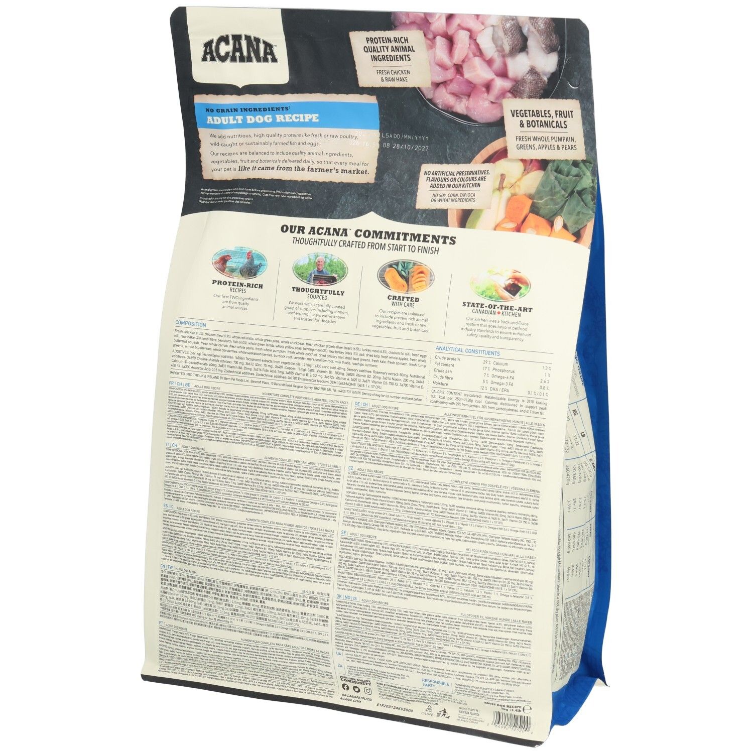 Rückseite des ACANA DOG ADULT 2KG Hundefutterbeutels. Text und Abbildungen. Informationen zu Inhaltsstoffen und Zusammensetzung.