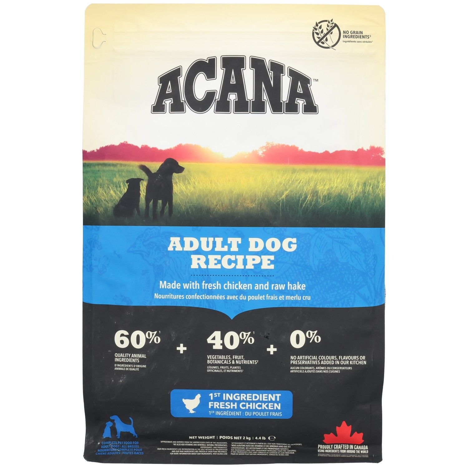 ACANA DOG ADULT 2KG Hundefutterbeutel. Logo, Text und Abbildungen. Enthält 60% tierische Inhaltsstoffe, 40% Gemüse und 0% künstliche Zusätze.