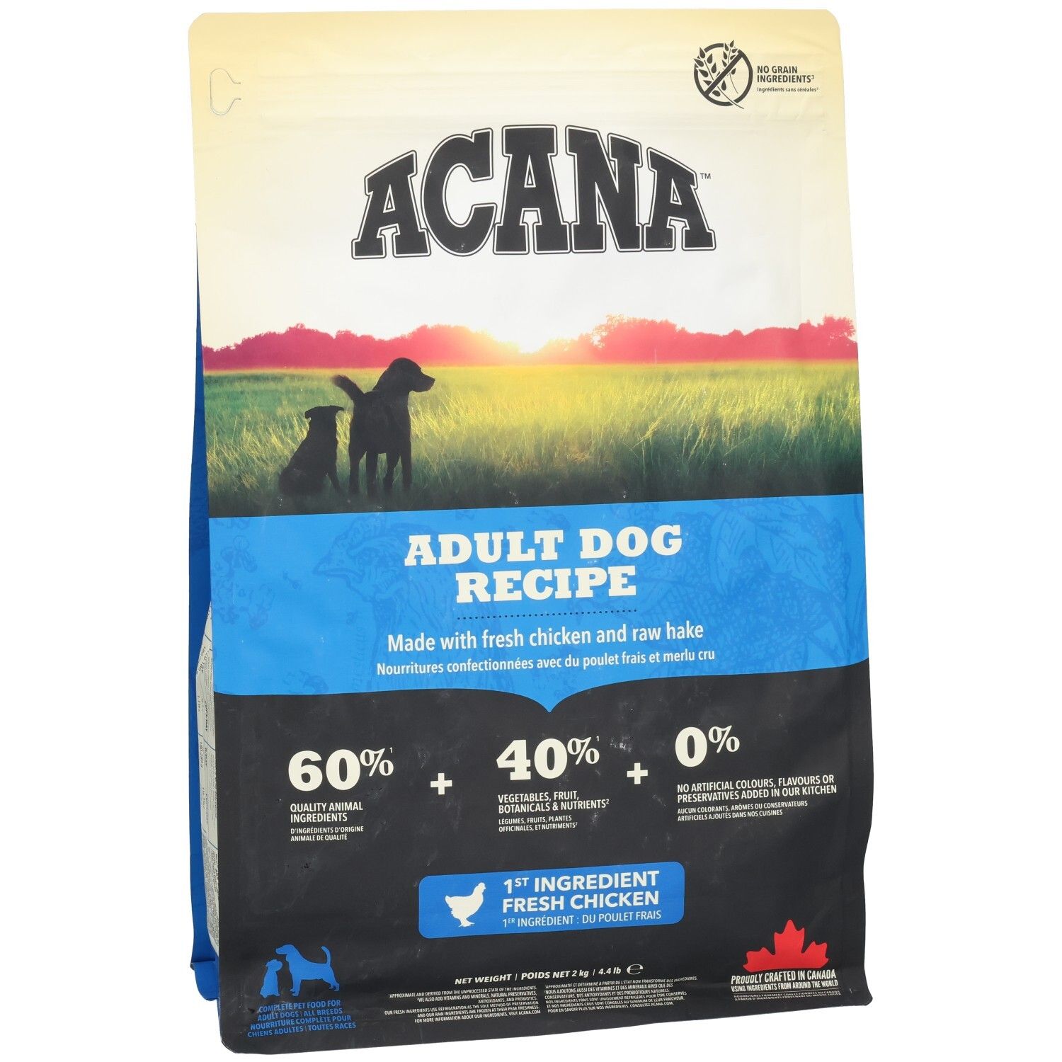 ACANA DOG ADULT 2KG Hundefutterbeutel. Logo, Text und Abbildungen. Enthält 60% tierische Inhaltsstoffe, 40% Gemüse und 0% künstliche Zusätze.