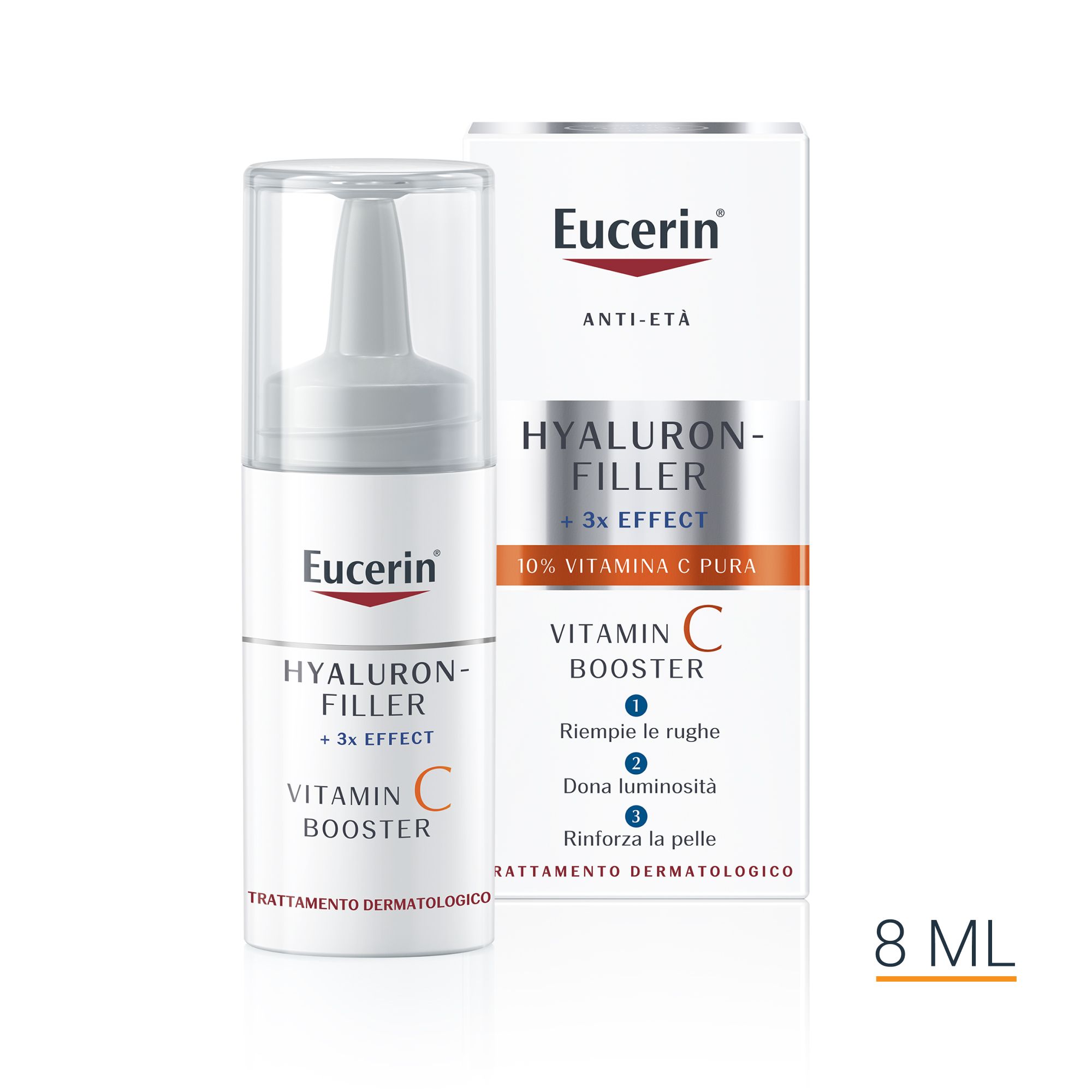 Eucerin Hyaluron-Filler Vitamin C Booster. Flacon et emballage. 8 ml.
