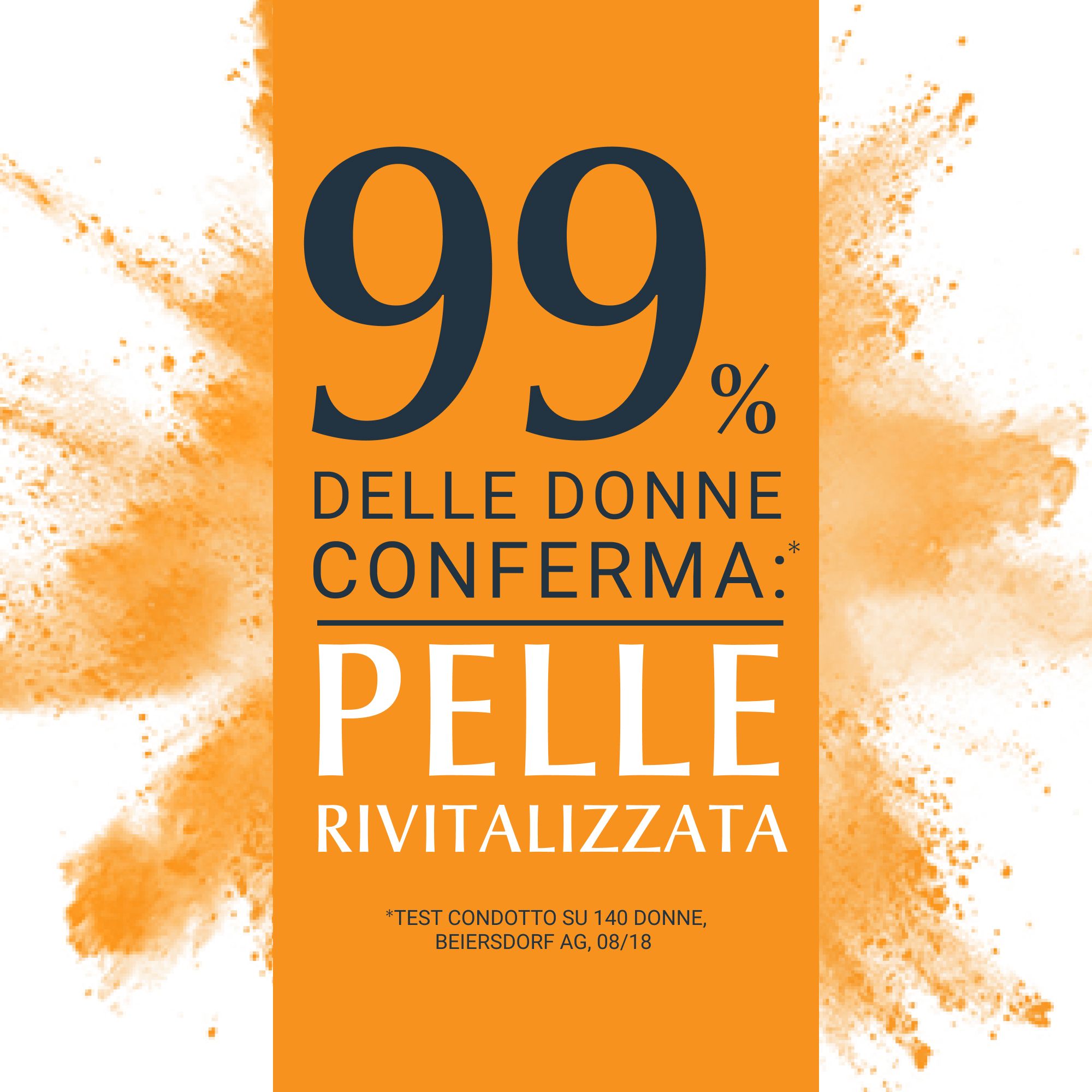 Fond orange avec texte: 99% des femmes confirment: peau revitalisée.