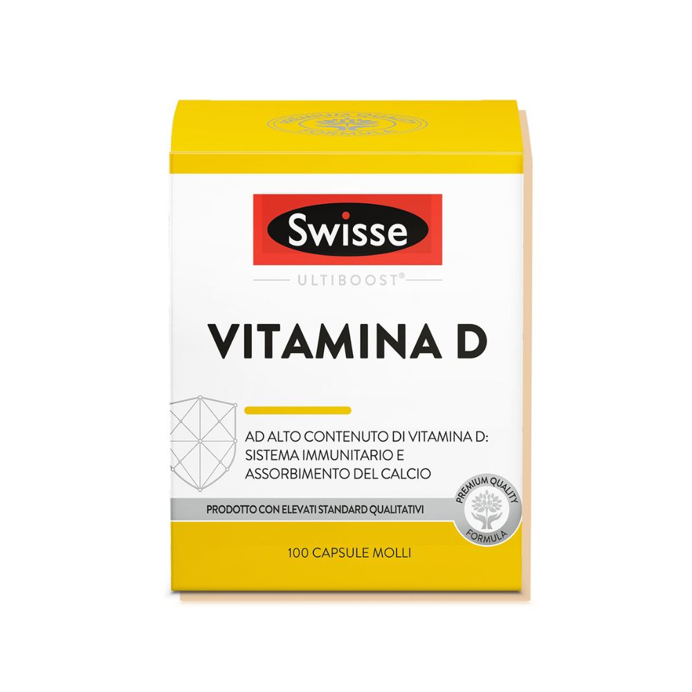Swisse Vitamin D-Ergänzungsmittel. Weiße Schachtel mit gelbem Deckel. Aufschrift: Vitamin D. 100 Kapseln.