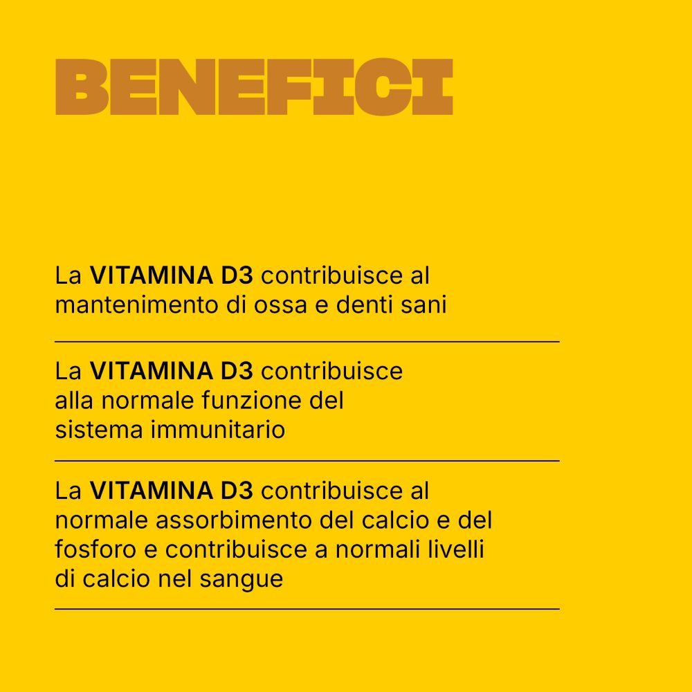 Text auf gelbem Hintergrund. Überschrift: Vorteile. Text über Vitamin D3 und seine Vorteile.