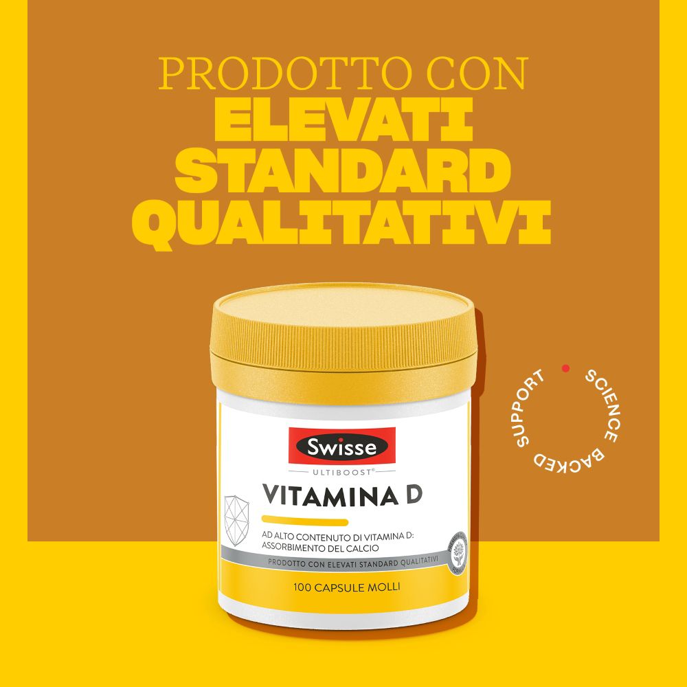 Behälter mit Vitamin D. Gelber Hintergrund. Text: Produkt mit hohen Qualitätsstandards.