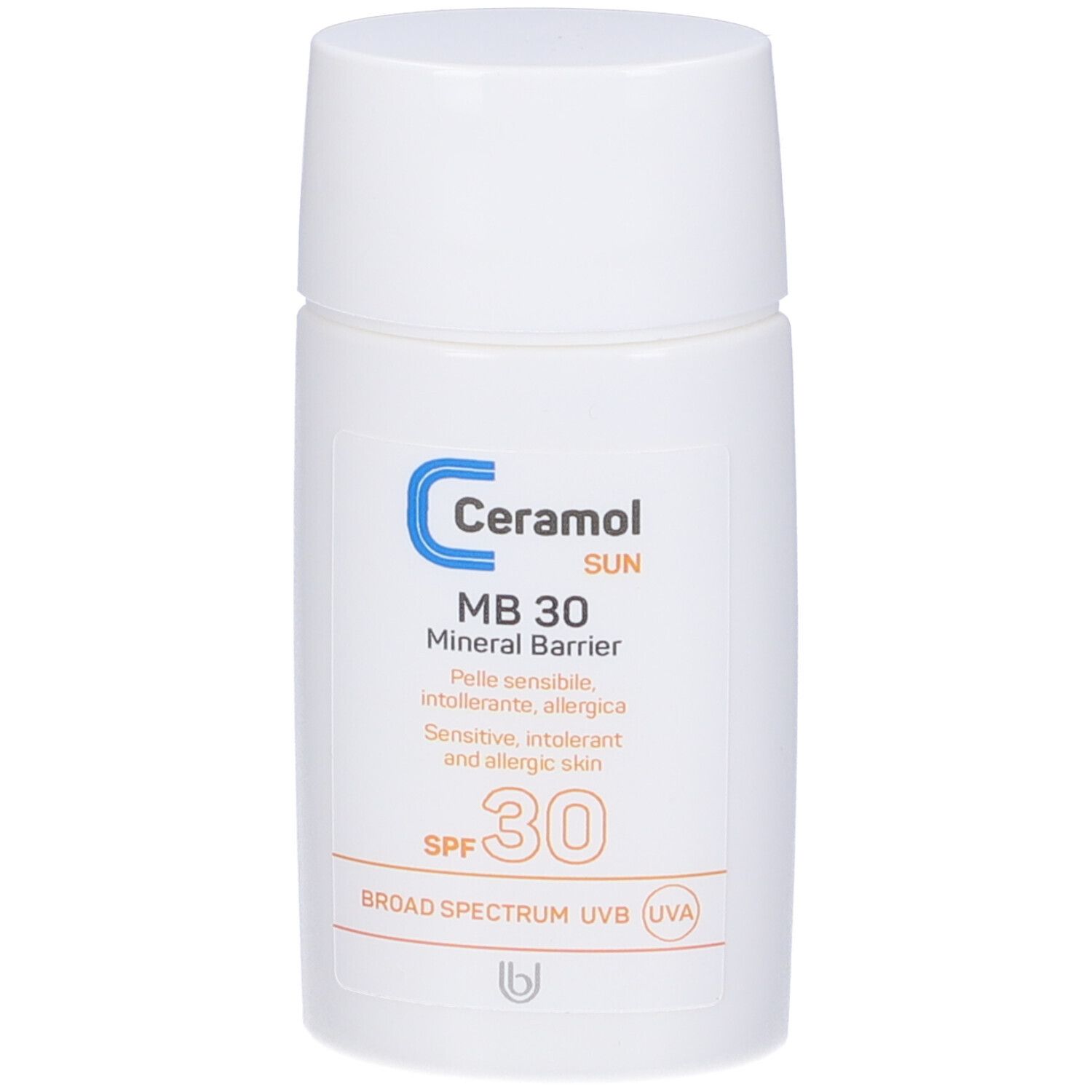 Flacon blanc avec texte bleu et orange. Ceramol Sun, MB 30, Mineral Barrier, SPF 30, label UVA. Pour peaux sensibles.