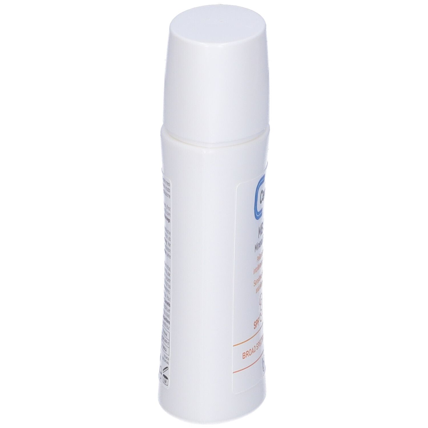 Flacon blanc, vue latérale. Texte: Ceramol Sun, MB 30, SPF 30. Pour peaux sensibles. Avec texte multilingue.