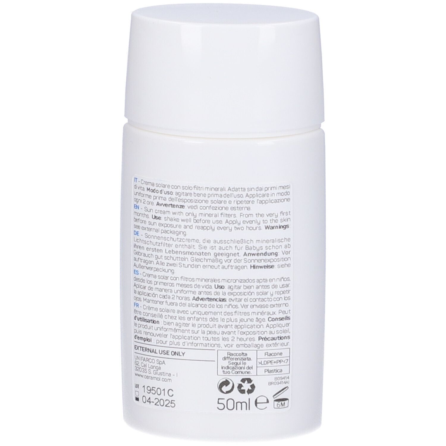 Flacon blanc, vue arrière. Texte: instructions d'utilisation, ingrédients, 50ml. Texte multilingue. Unifarco Biomedical.