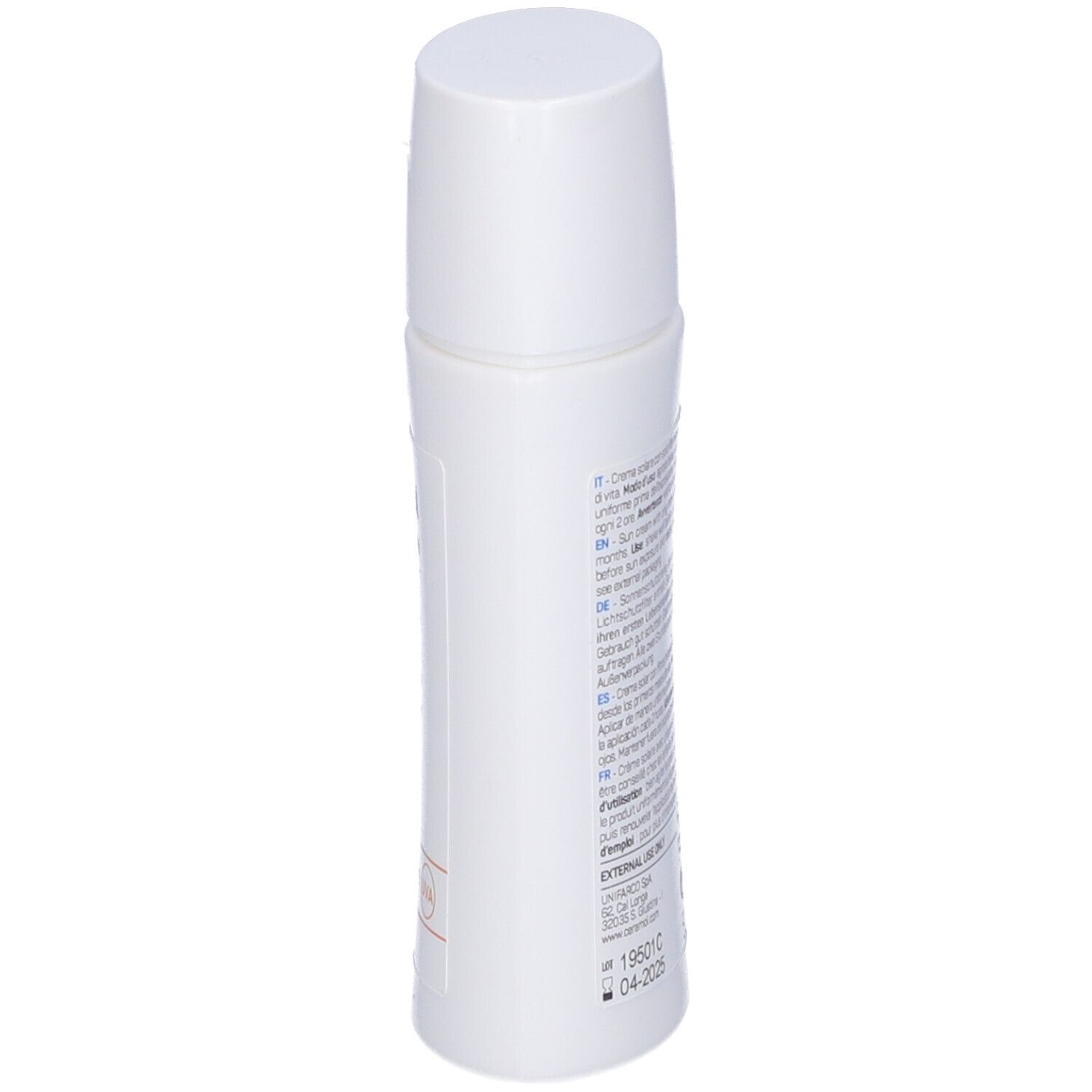 Flacon blanc, vue oblique. Texte: instructions d'utilisation, ingrédients. Texte multilingue. Unifarco Biomedical.