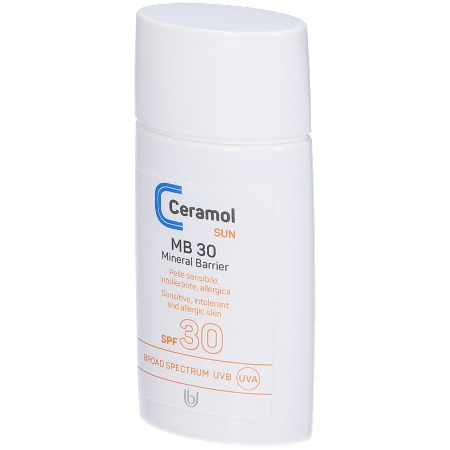 Flacon blanc avec texte bleu et orange. Ceramol Sun, MB 30, Mineral Barrier, SPF 30, label UVA. Pour peaux sensibles.