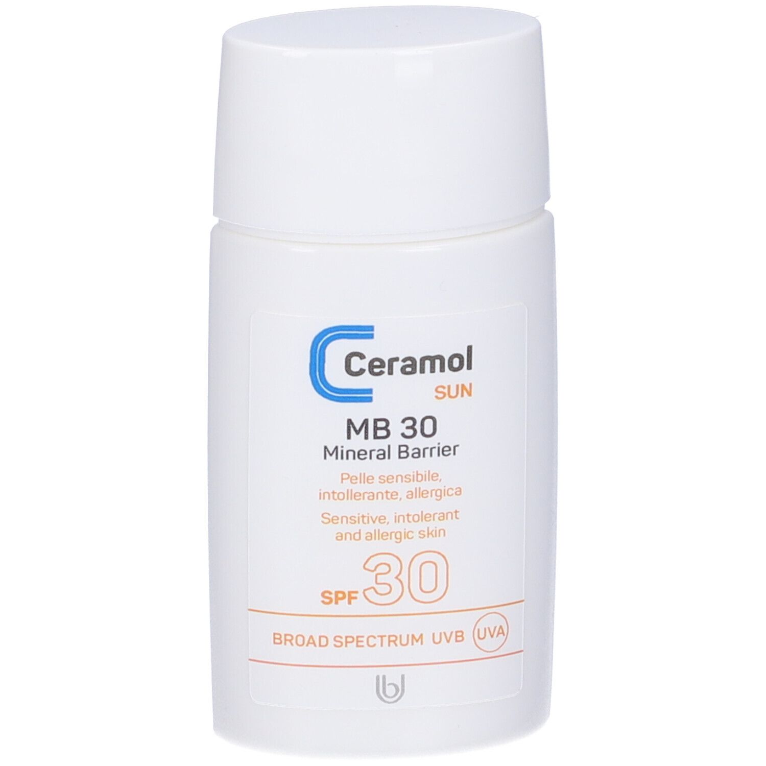 Flacon blanc avec texte bleu et orange. Ceramol Sun, MB 30, Mineral Barrier, SPF 30, label UVA. Pour peaux sensibles.