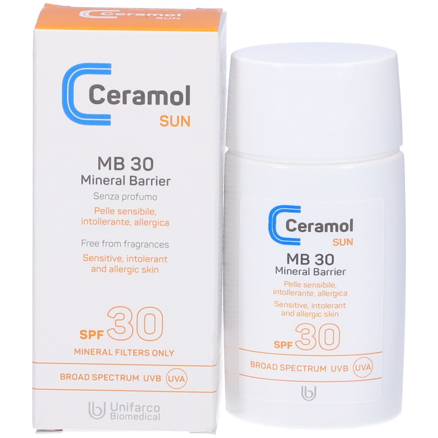 Produit et emballage. Flacon blanc et carton avec texte bleu et orange. Ceramol Sun, MB 30, SPF 30.