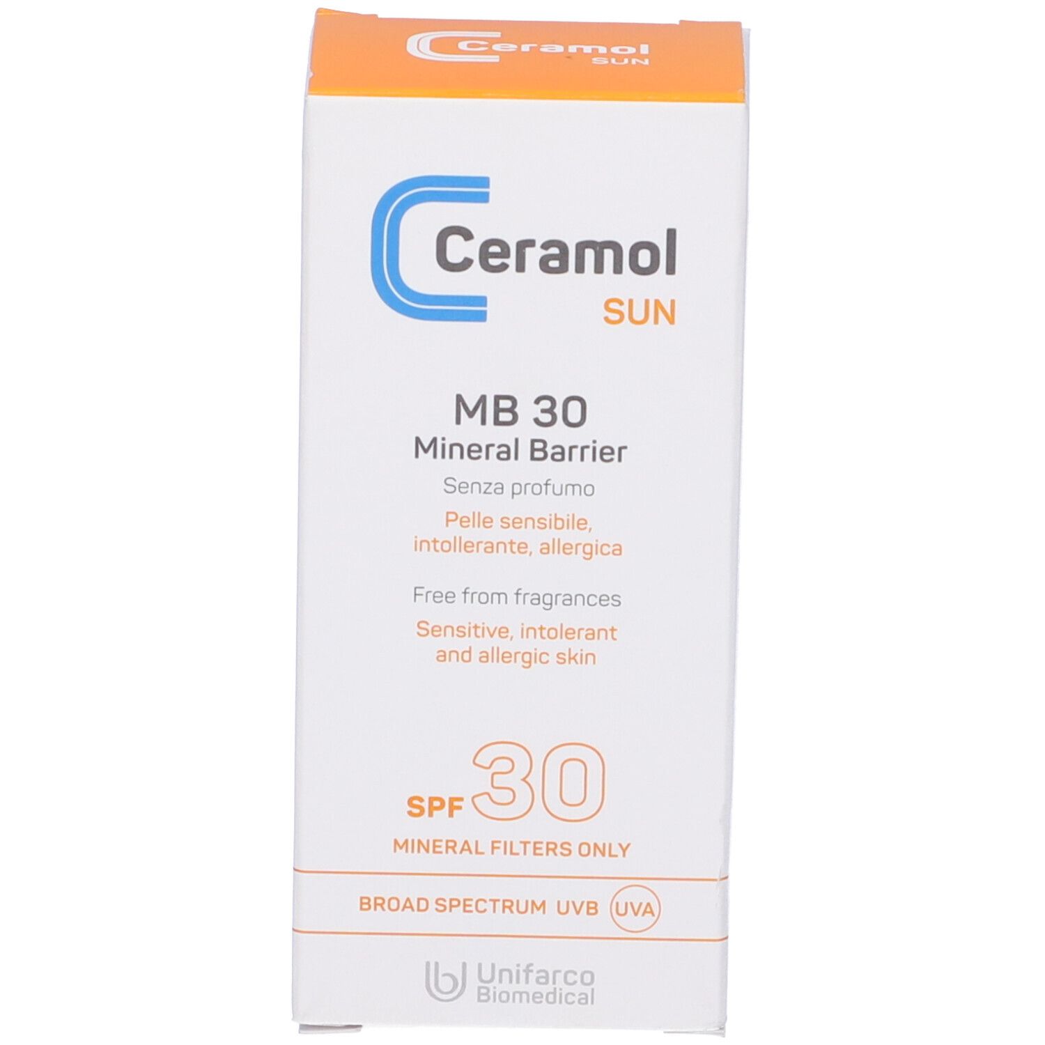 Boîte avec texte bleu et orange. Ceramol Sun, MB 30, Mineral Barrier, SPF 30, label UVA. Pour peaux sensibles.