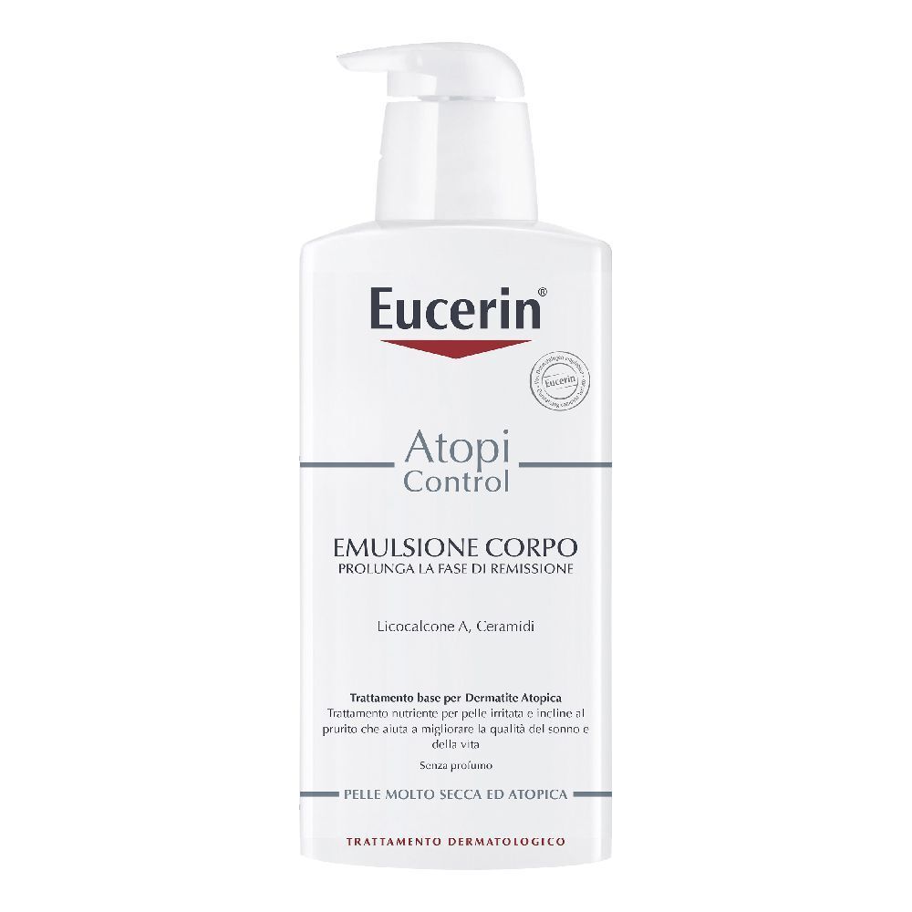 Flacon blanc avec pompe. Eucerin AtopiControl Lotion, texte sur l'étiquette.