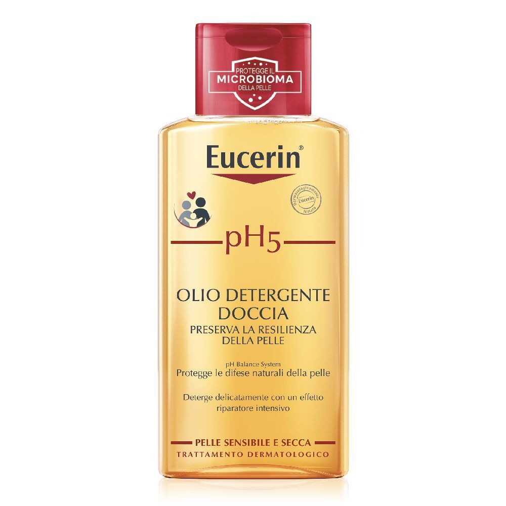 Flacon transparent Eucerin pH5 Duschöl avec bouchon rouge. Inscription: pH5, OLIODETERGENTE DOCCIA, protège le microbiome cutané.