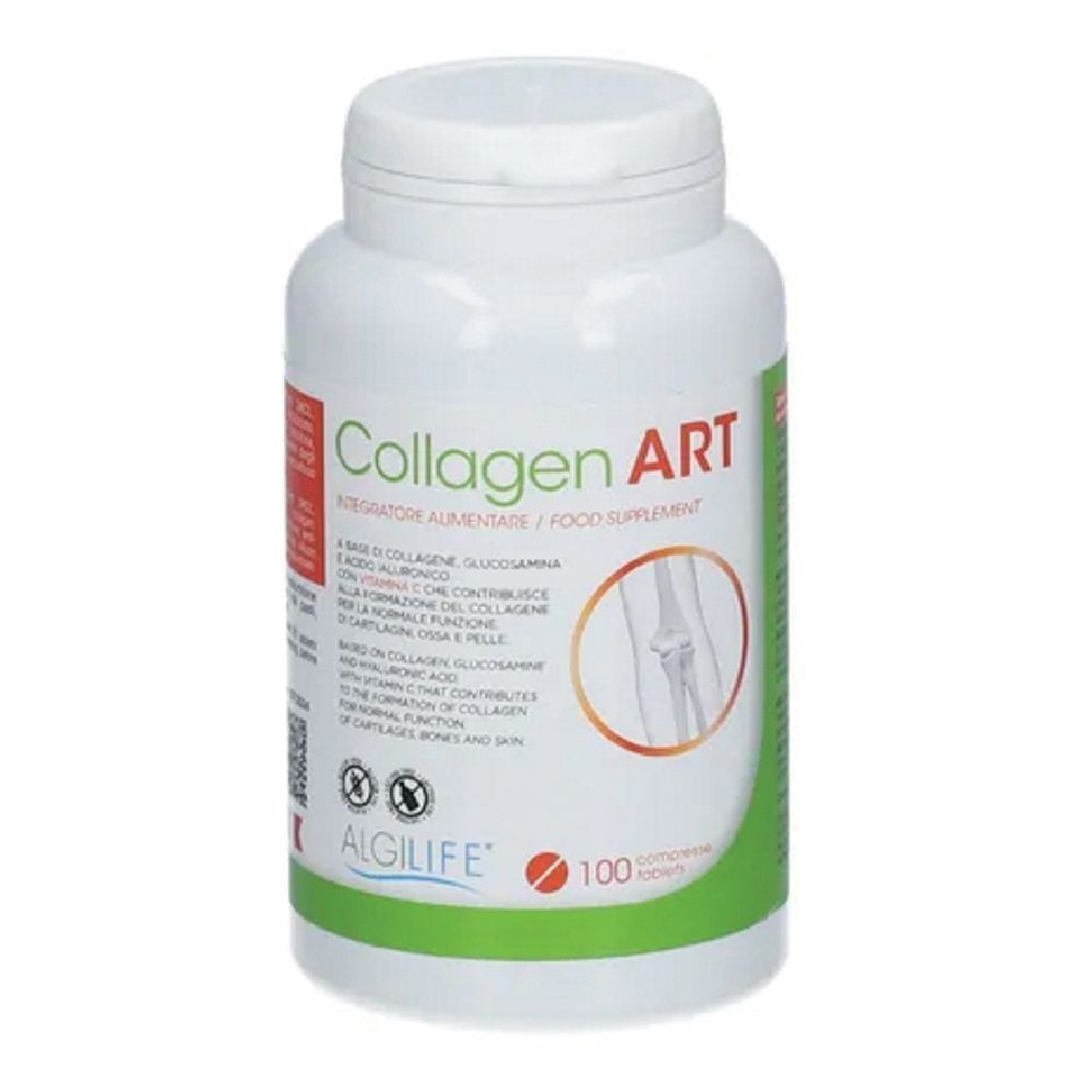 Flacon blanc avec étiquette "Collagen ART". Contient 100 comprimés. Logo ALGILIFE® en bas.