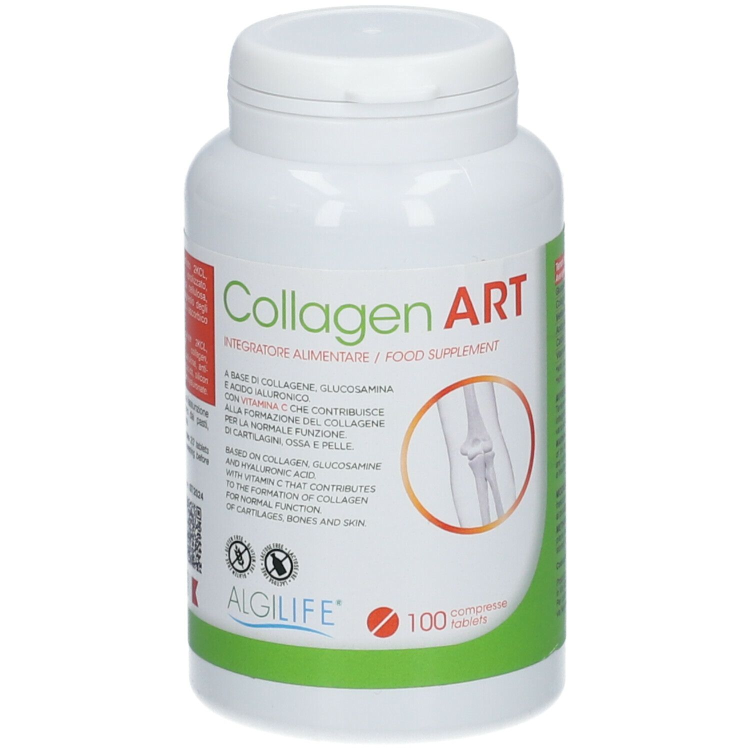 Flacon blanc avec étiquette "Collagen ART". Contient 100 comprimés. Logo ALGILIFE® en bas.