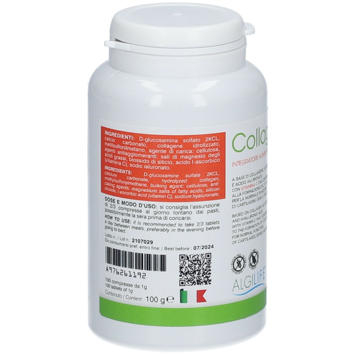 Dos du flacon blanc. Contient ingrédients et instructions de dosage. Logo ALGILIFE® en bas.