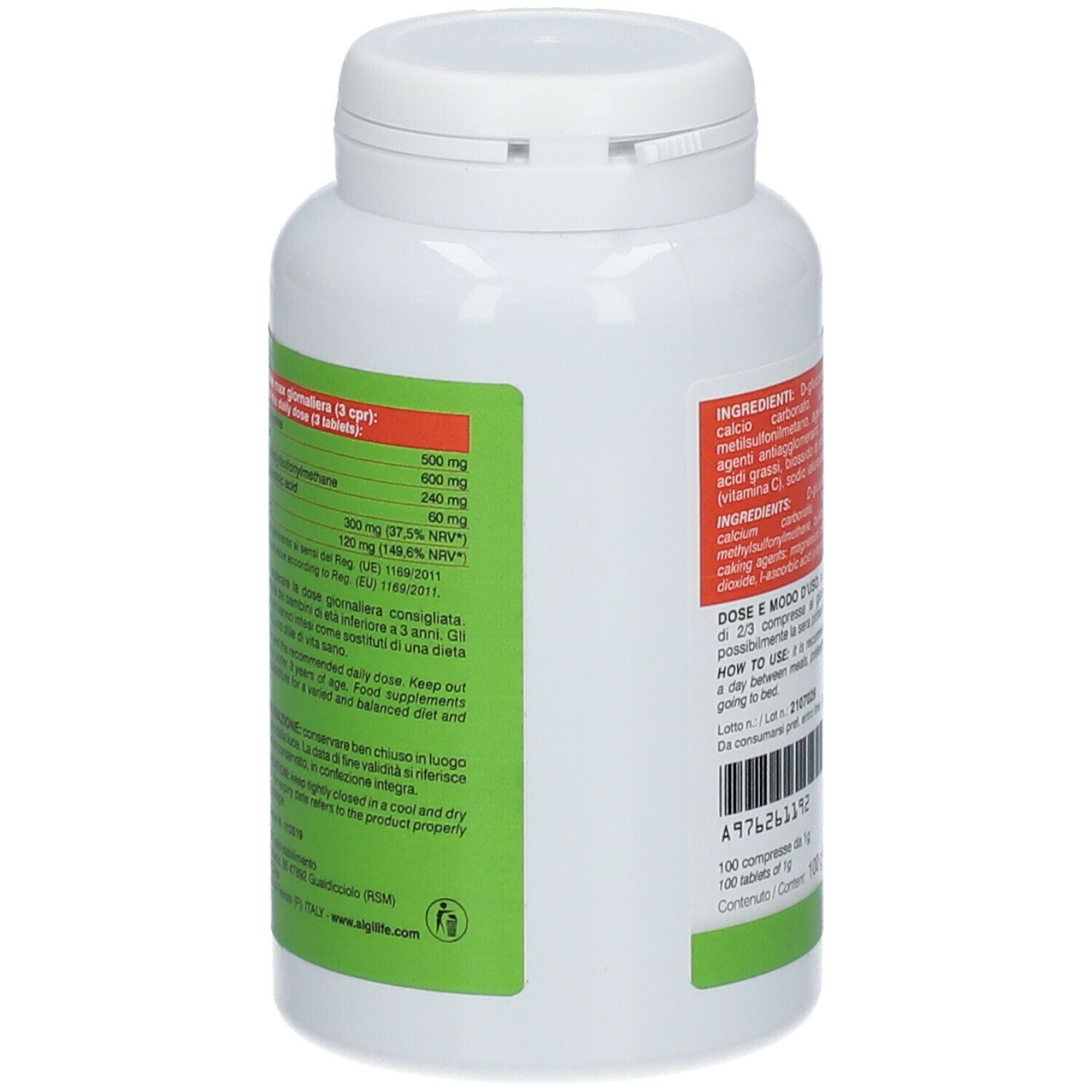 Dos du flacon blanc. Contient informations nutritionnelles. Logo ALGILIFE® en bas.