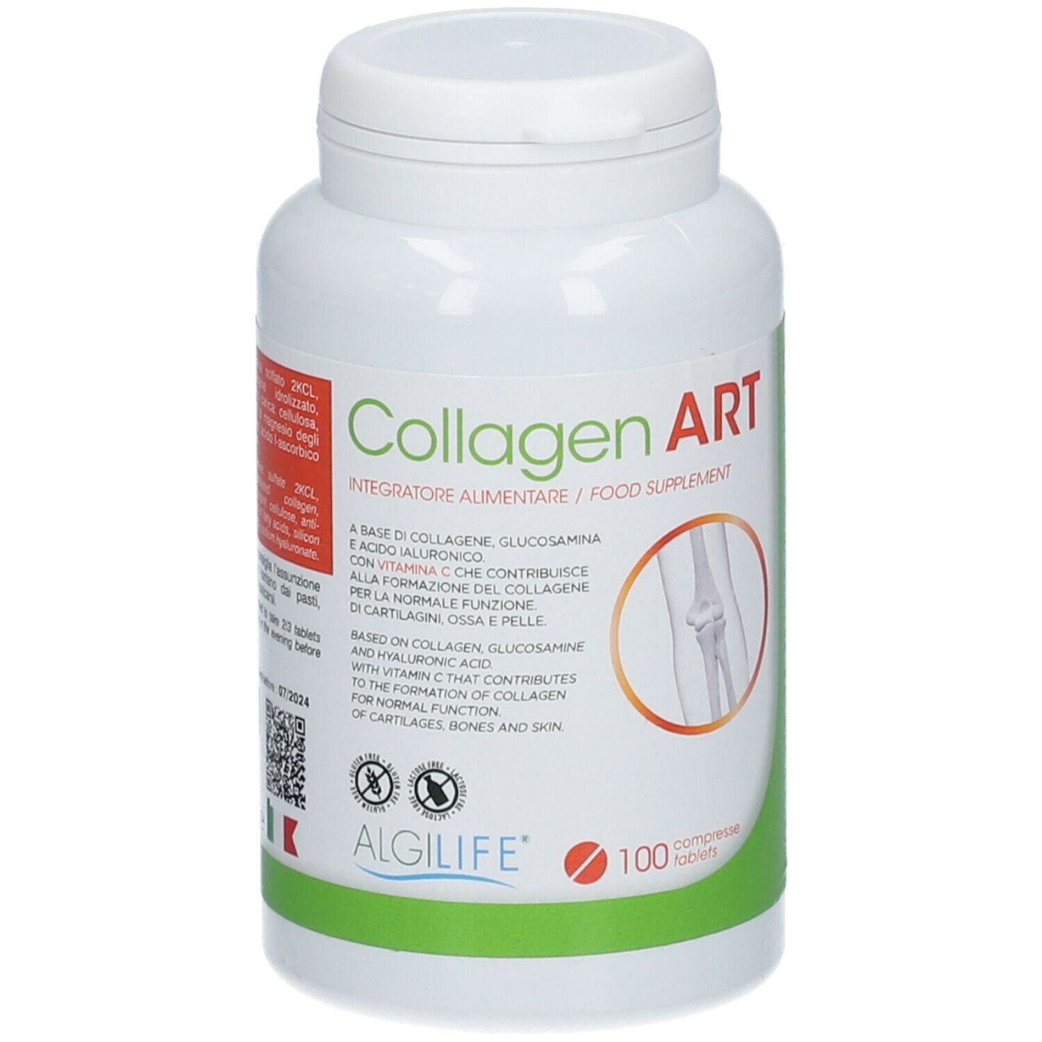 Flacon blanc avec étiquette "Collagen ART". Contient 100 comprimés. Logo ALGILIFE® en bas.