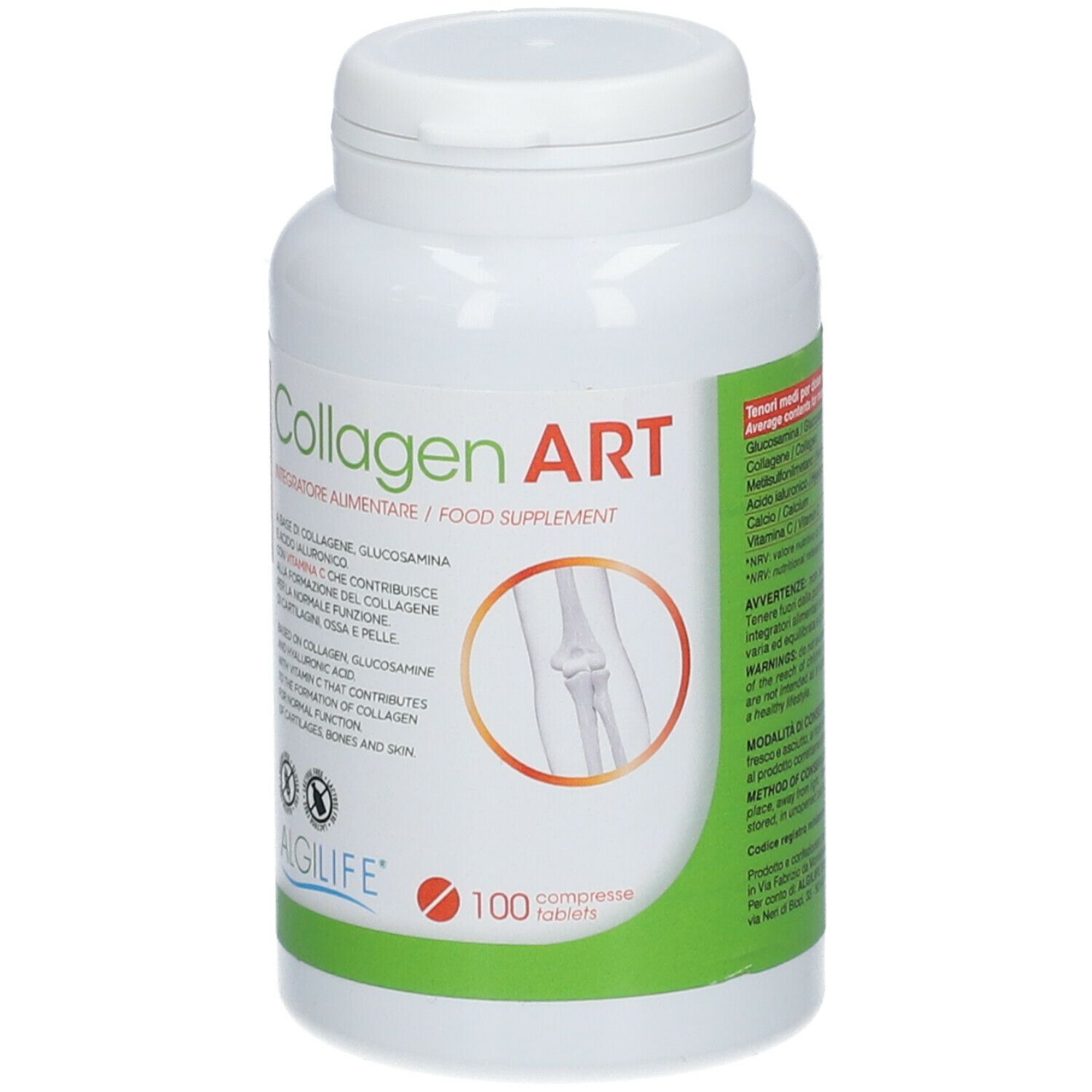 Flacon blanc avec étiquette "Collagen ART". Contient 100 comprimés. Logo ALGILIFE® en bas.