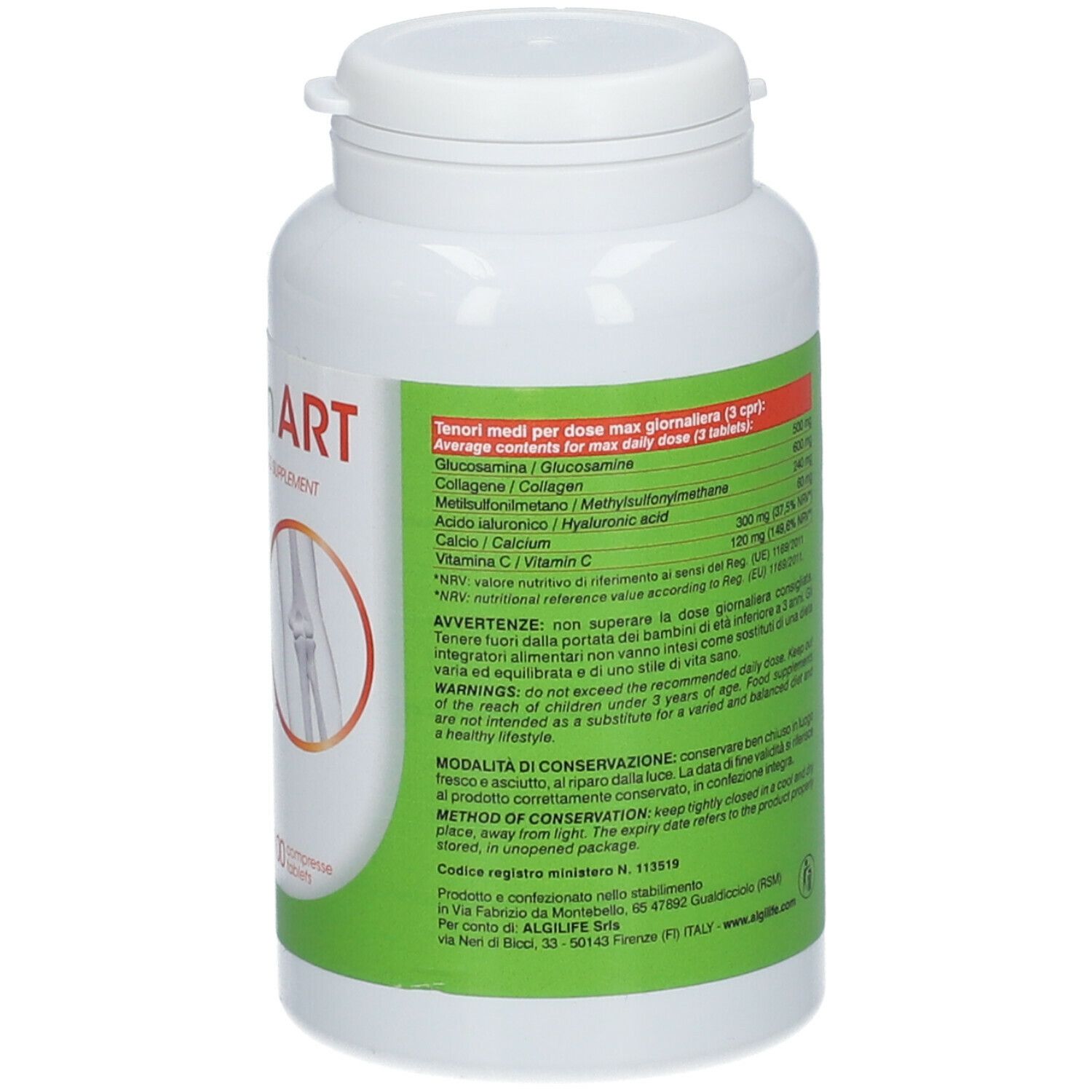 Dos du flacon blanc. Contient informations nutritionnelles. Logo ALGILIFE® en bas.