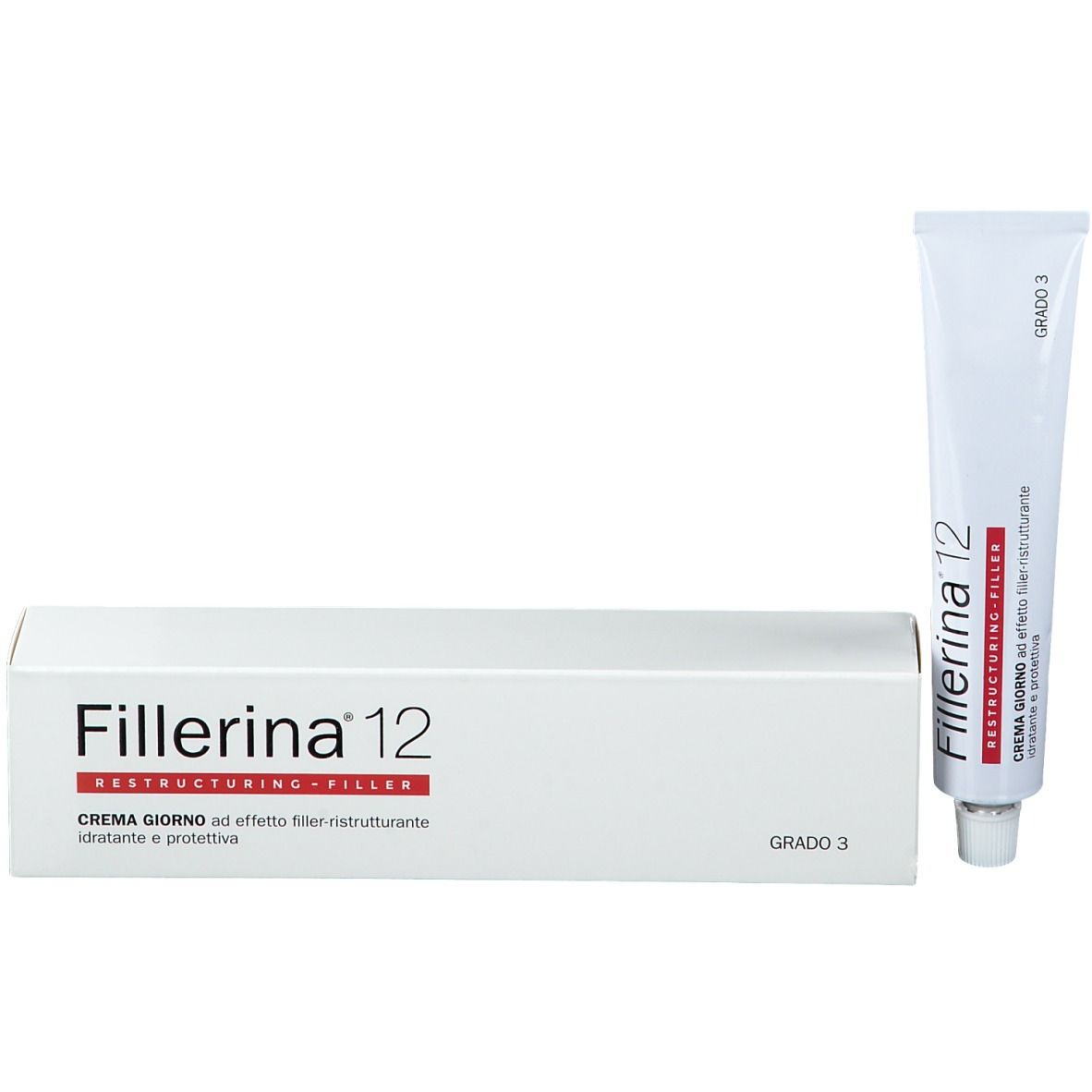 Boîte et tube blancs. Inscription Fillerina 12 Restructurante. Grado 3.