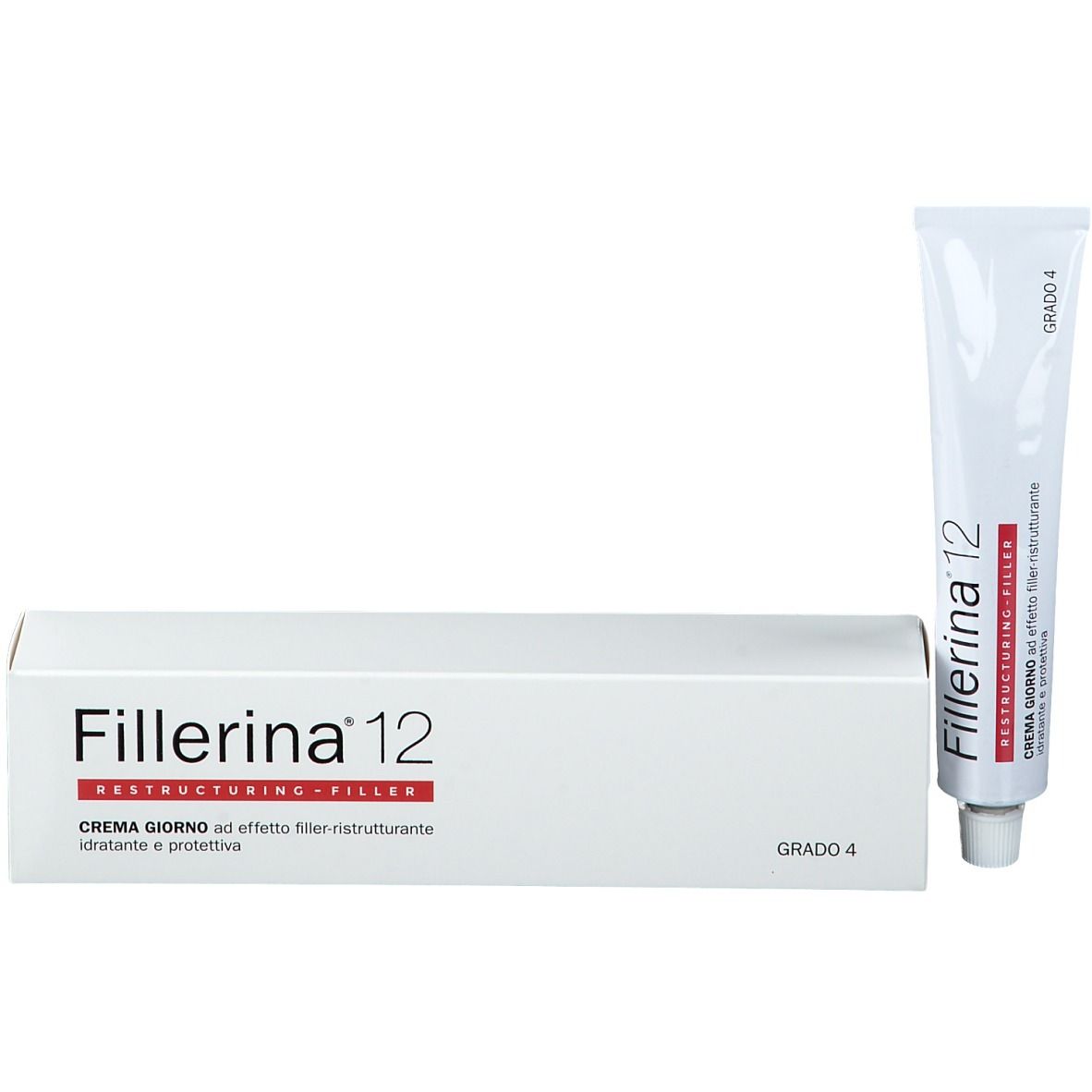 Boîte et tube blancs. Inscription : Fillerina 12 Crème Restructurante, Grade 4.