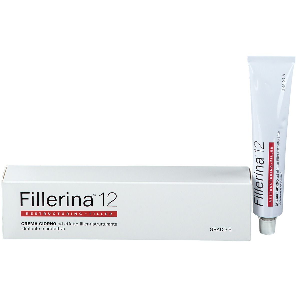Boîte blanche et tube. Inscription Fillerina 12, Crème restructurante. Inscription « Grado 5 ».