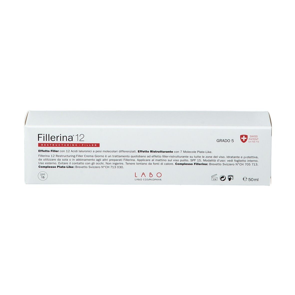 Boîte blanche avec inscription Fillerina 12. Informations sur le produit et croix suisse.