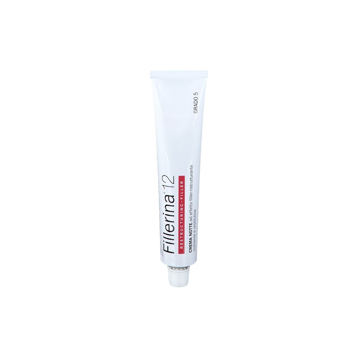 Tube blanc avec texte rouge et noir. Inscription : Fillerina 12 Restructuring Filler. Crème Nuit.