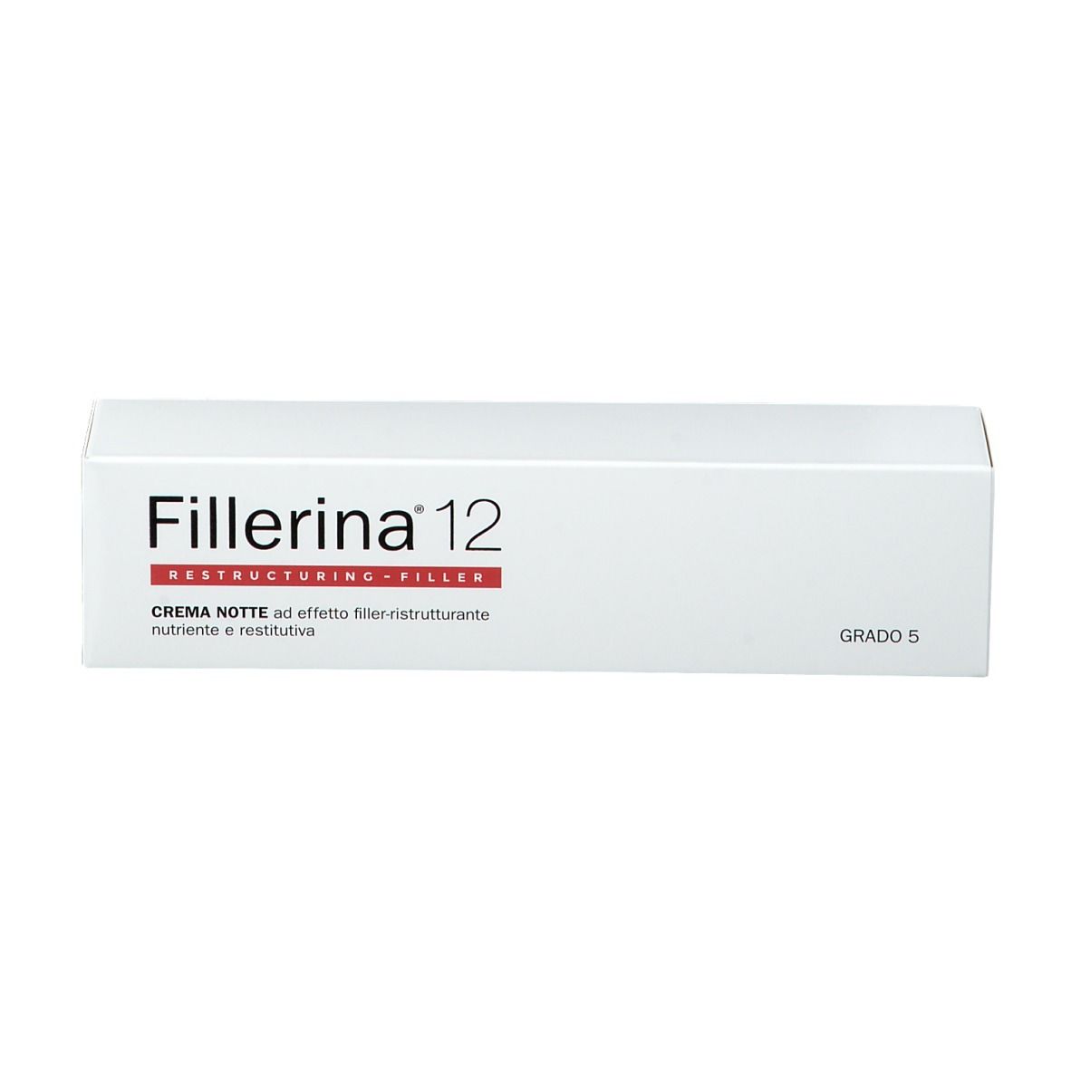 Boîte blanche avec texte rouge et noir. Inscription : Fillerina 12 Restructuring Filler. Crème Nuit.