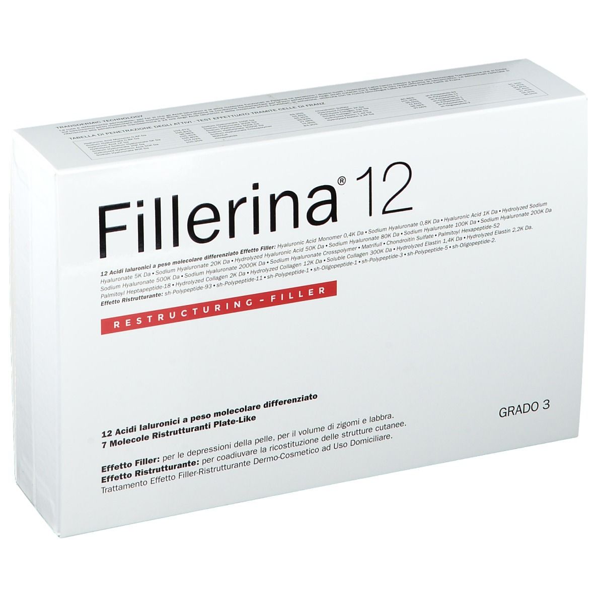 Boîte blanche "Fillerina 12". Texte "Restructuring-Filler", "Grado 3".