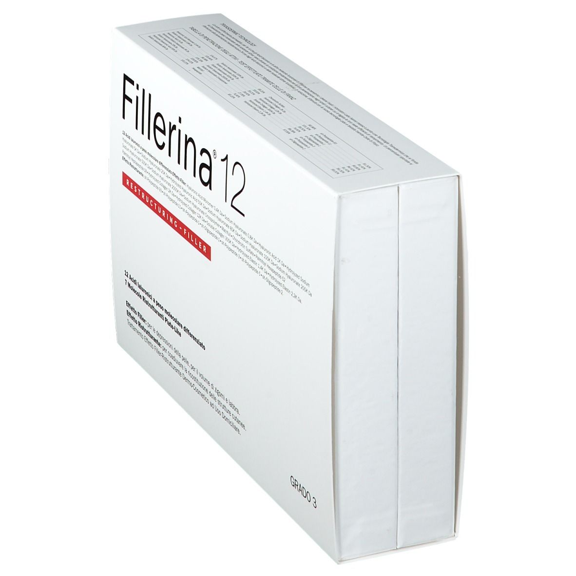 Emballage blanc incliné "Fillerina 12". Texte "Restructuring-Filler", "Grado 3".