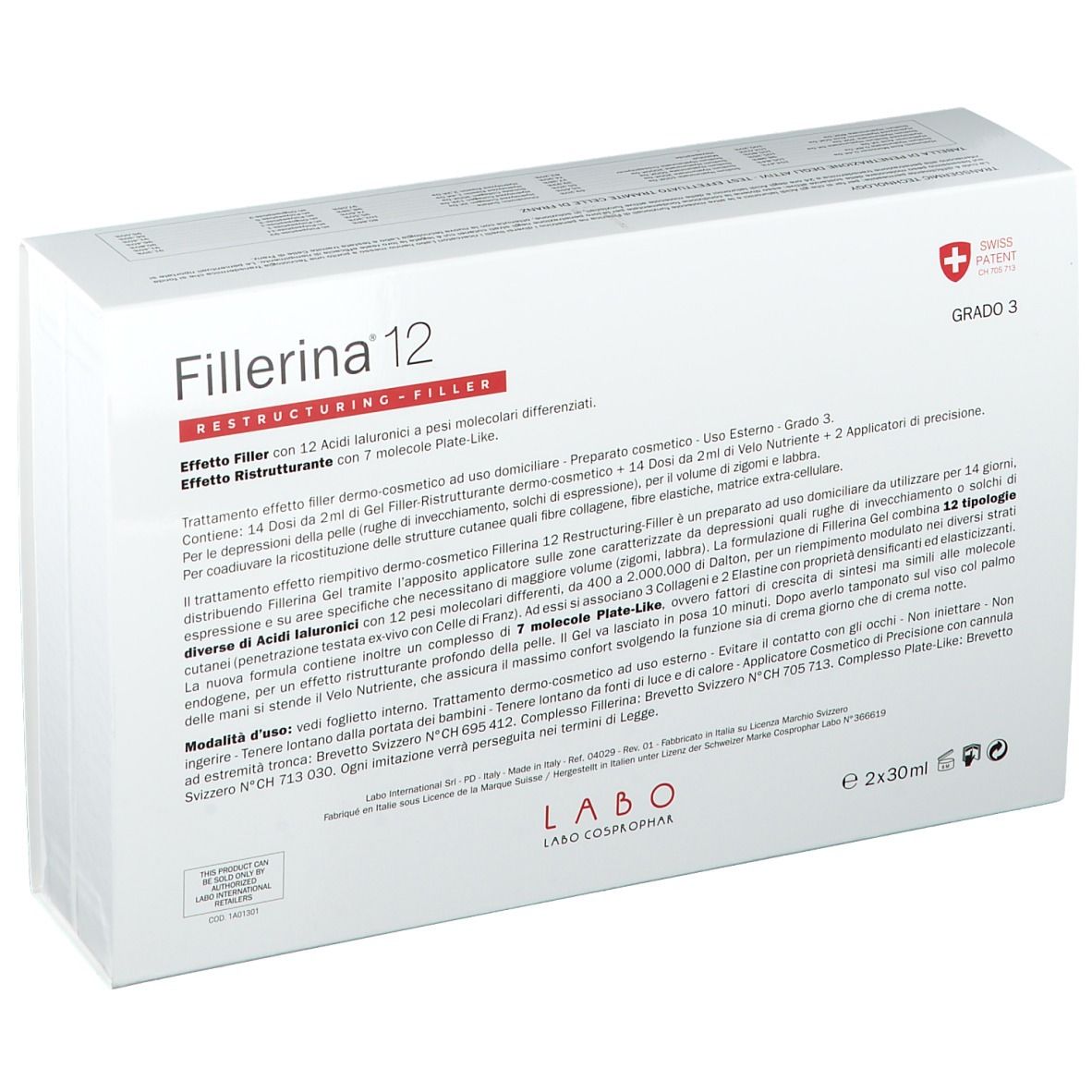 Emballage blanc "Fillerina 12" avec texte et croix suisse. Texte: "Grado 3".