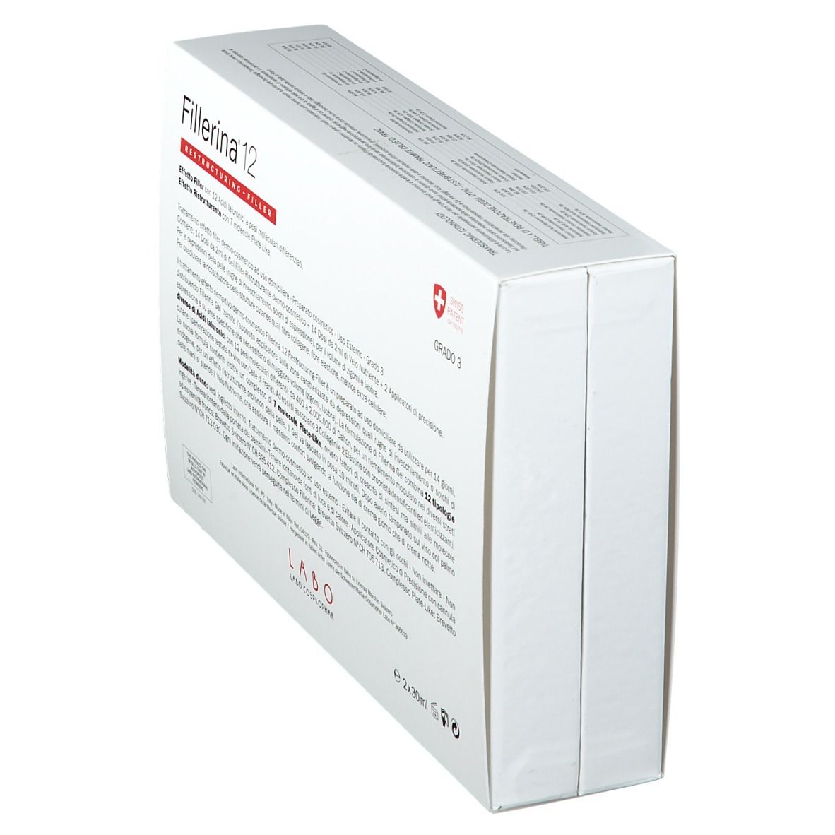 Emballage blanc incliné "Fillerina 12". Texte et croix suisse. "Grado 3".