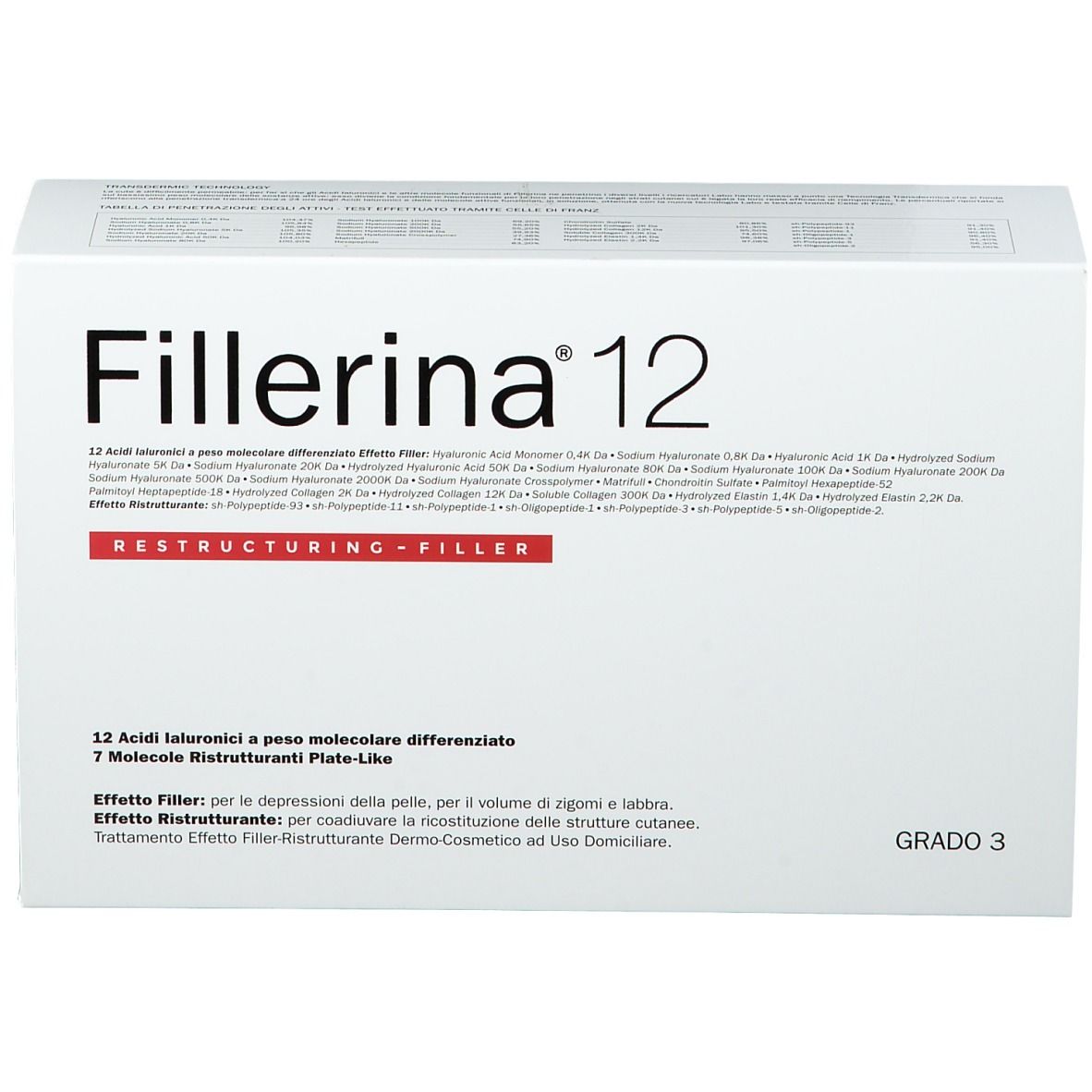 Emballage blanc "Fillerina 12". Texte "Restructuring-Filler", "Grado 3".
