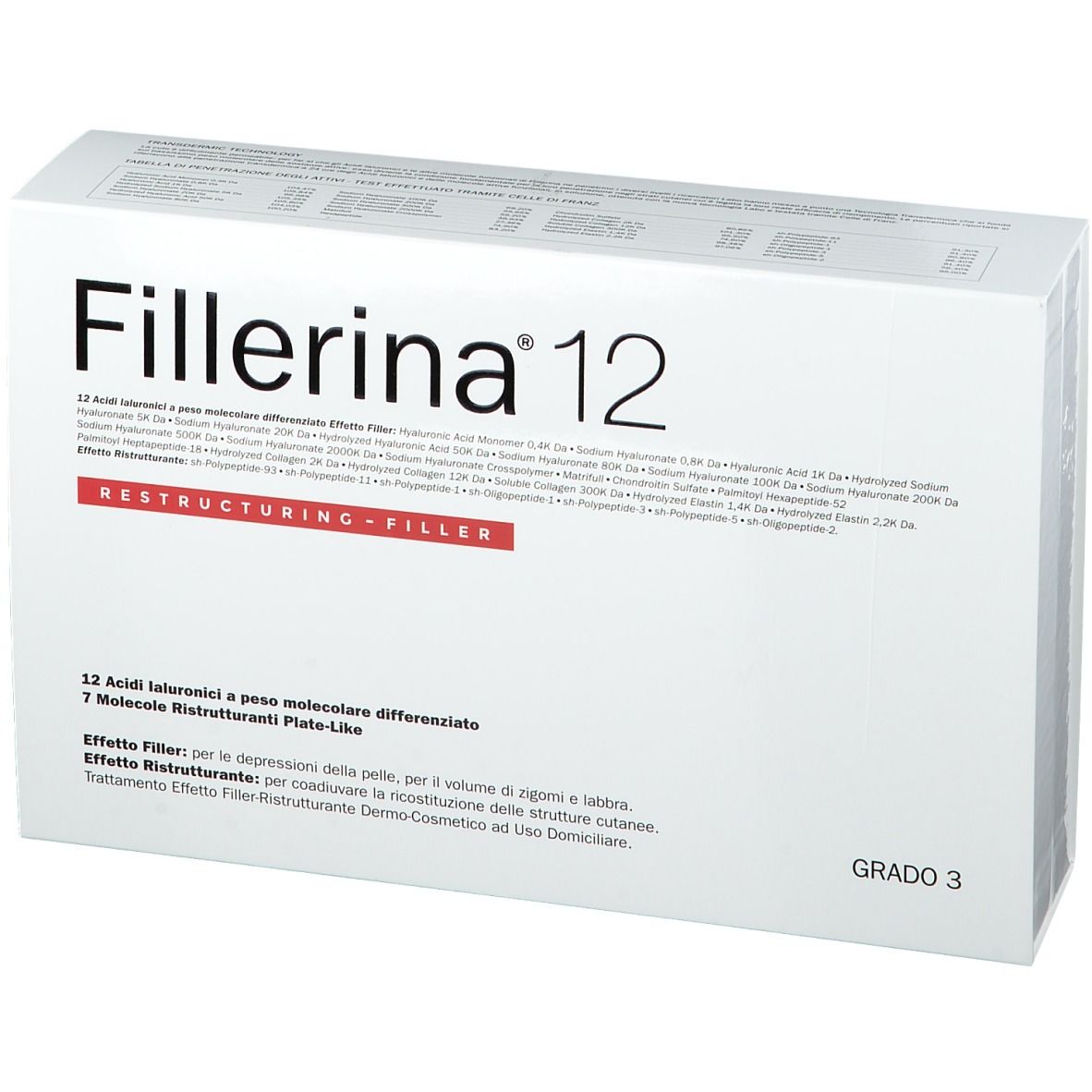 Emballage blanc "Fillerina 12". Texte "Restructuring-Filler", "Grado 3".